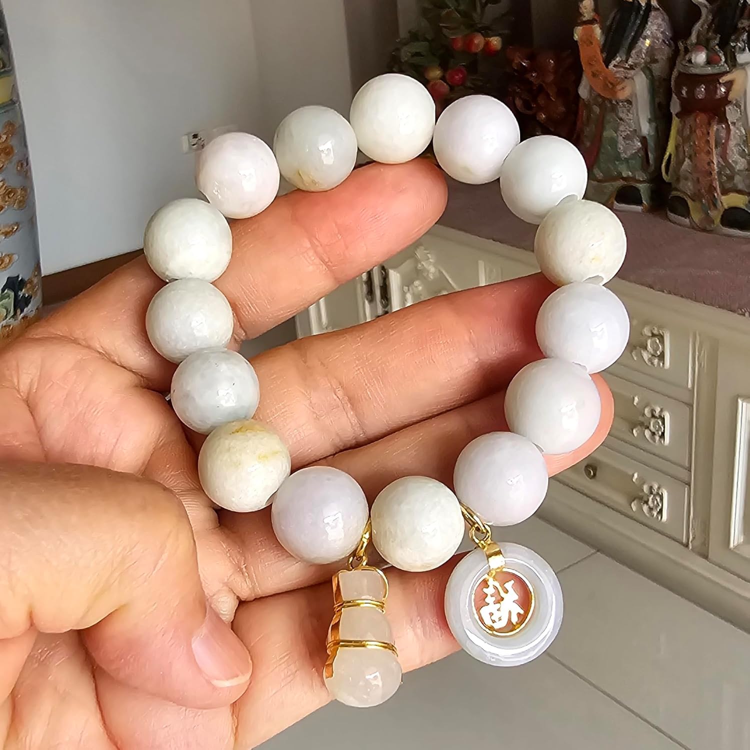 My Pet Elephant Heavens Tvcz Natural Thai Jade Bracelet 13.5mm Beads for Women with Lucky Jì Fú Coin & Calabash Prosperity Charm, Good Luck, Blessing, Spiritual Jewelry Gift, Free Skull Iron-On Patch - Image 8