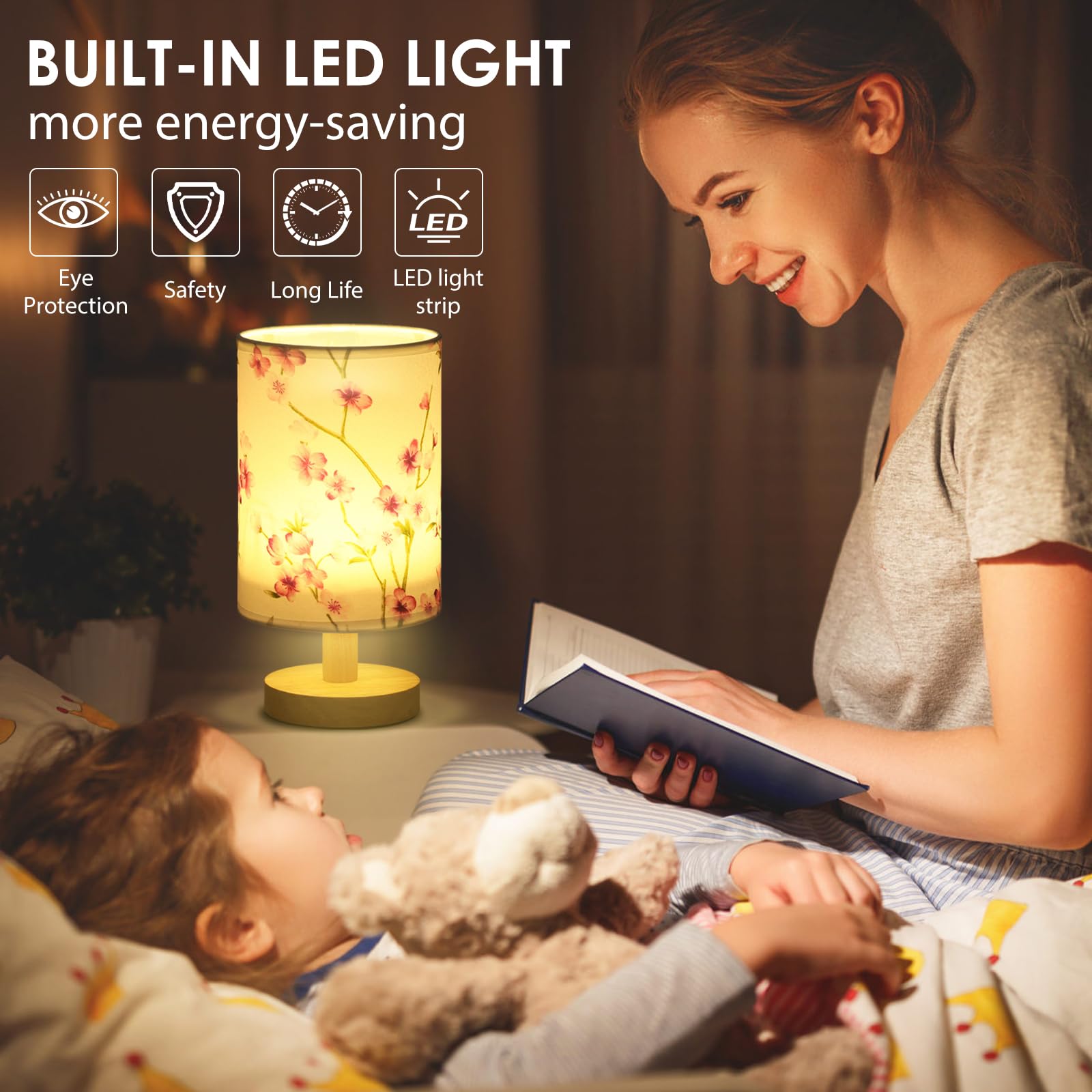 NIHUIFDPY Bedside Lamp, Small Table Lamp with Fabric Linen Shade and Wooden Base - Image 2