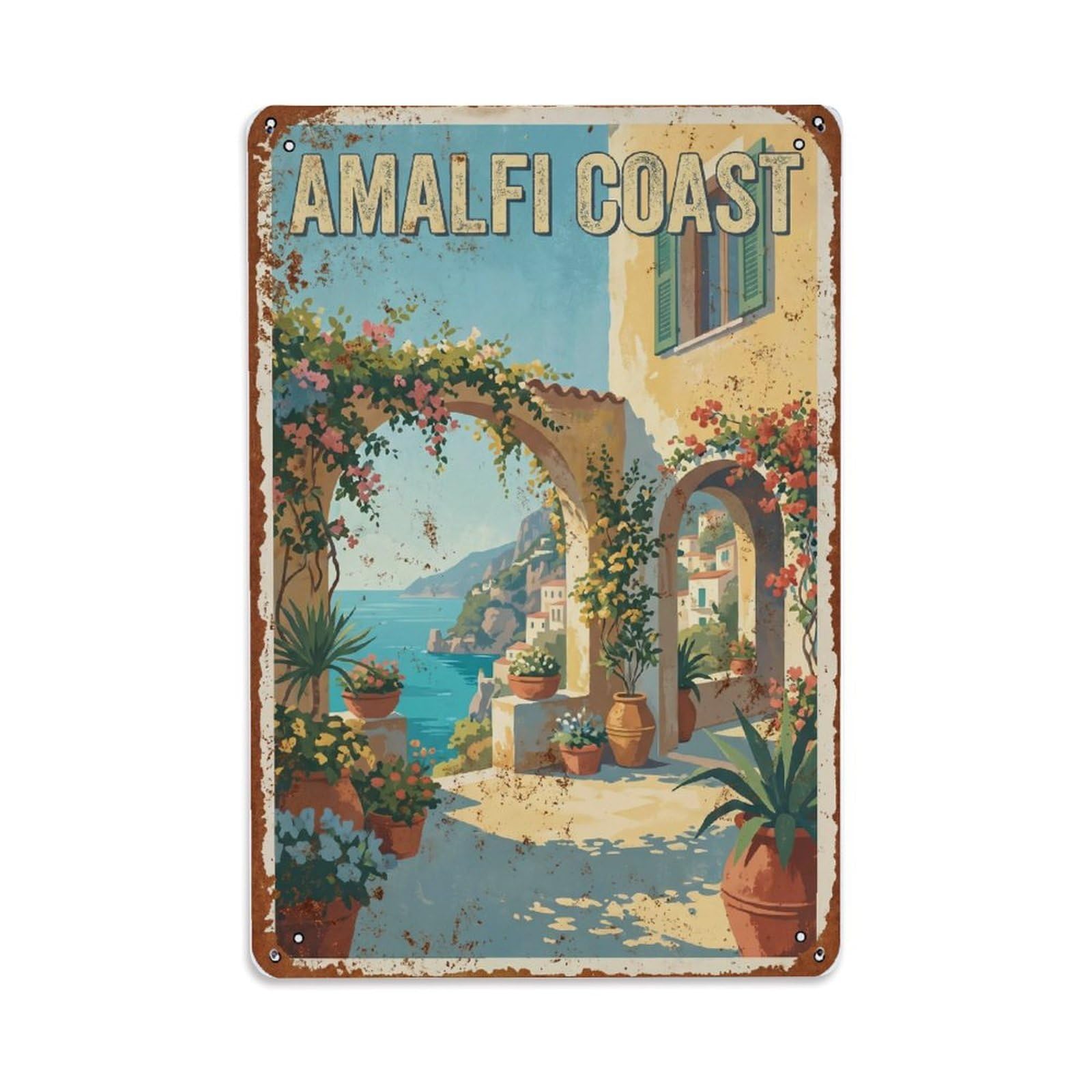 Fqnyr Style Vintage Travel Courtyard Italy Flowering Metal Tin Sign Plaque Wall Decor For Cafe, Club Bar, Office, Home Garden Metal Poster 8X12inch