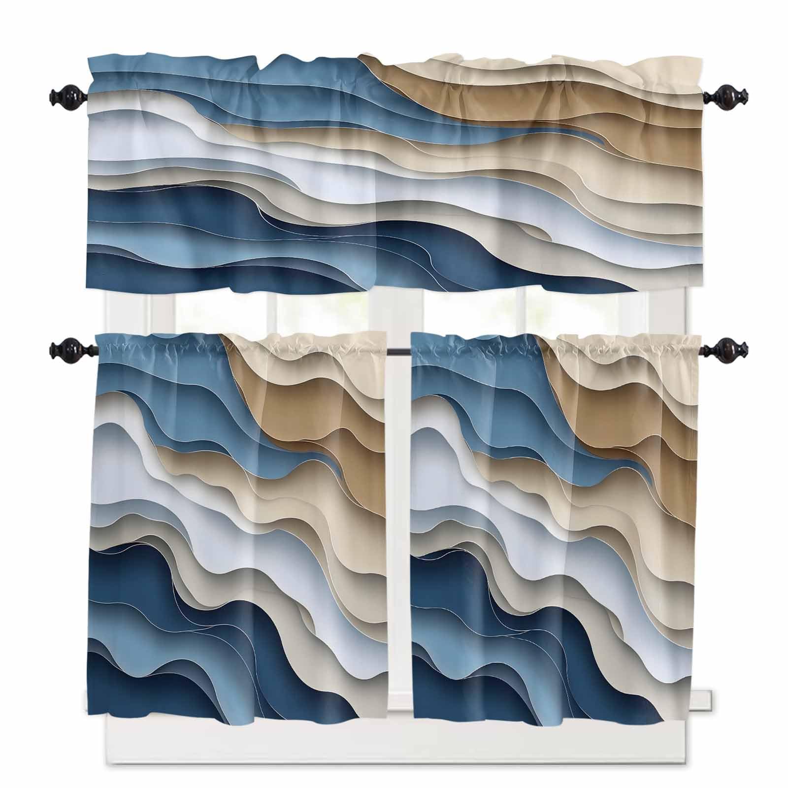 Modern Blue Brown Kitchen Curtains 36 Inch Length, 3 Piece Rod Pocket Small Half Tiers and Valance Set, Coastal Beach Wave Geometric Small Large Window Treatment Decor for Bedroom/Bathroom Sink