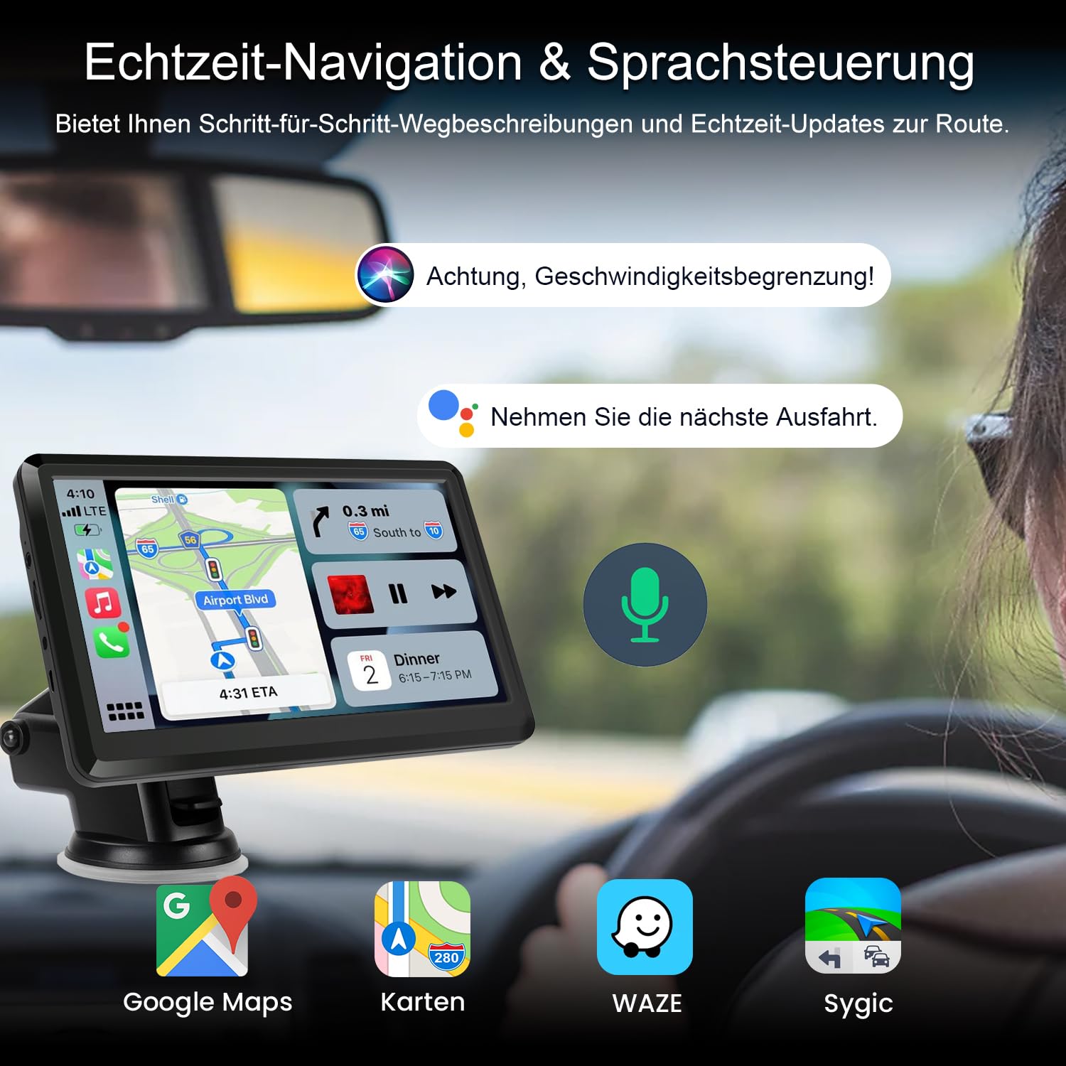 Wireless CarPlay Display, Tragbare Autoradio mit Android Auto,Touchscreen Bildschirm, MirrorLink, Sprachsteuerung, Bluetooth Freisprechen, GPS Navigation, FM, AUX für Auto PKW LKW Wohnmobil