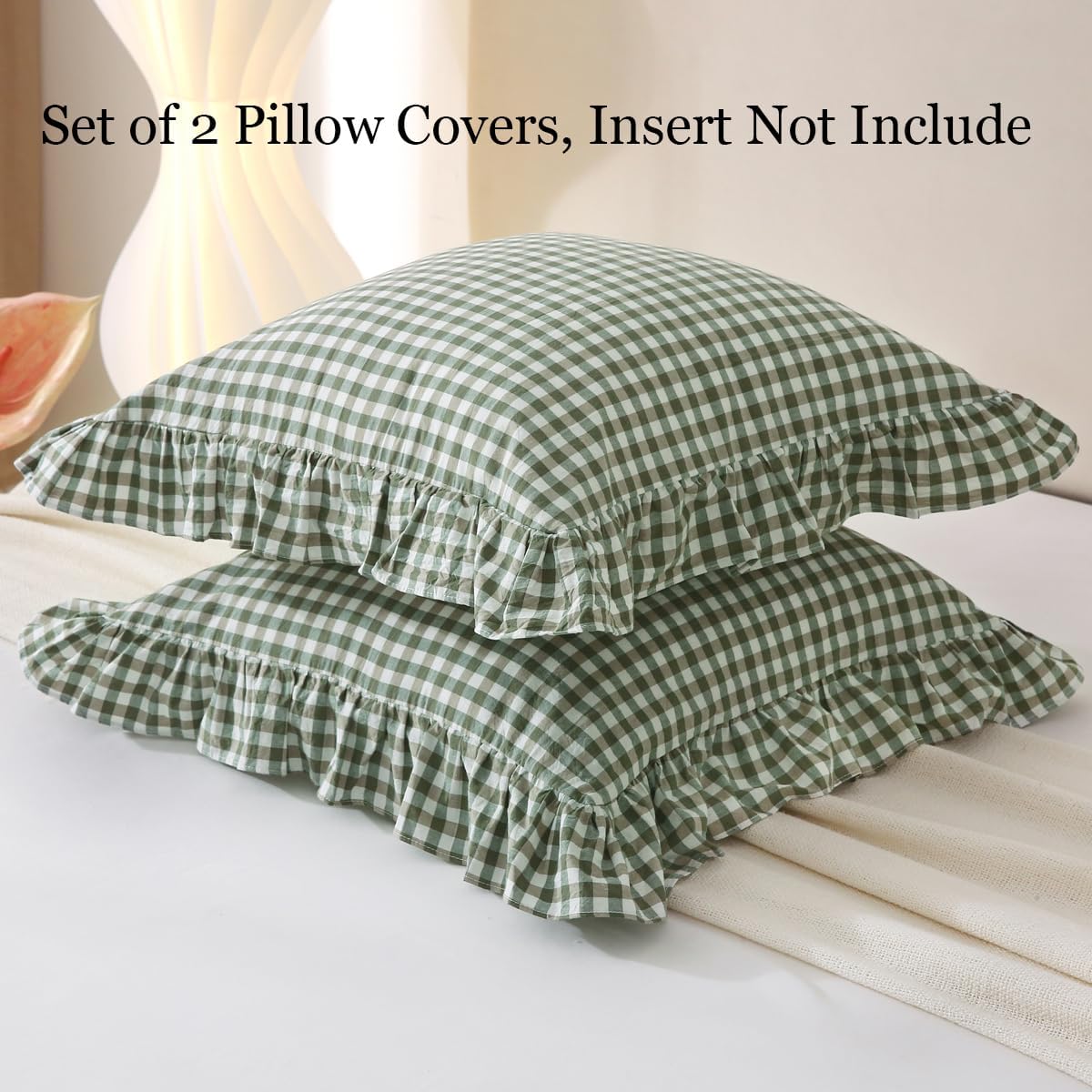 Silnuo 2 Pack Green Plaid Ruffle Pillow Covers Farmhouse Checkered Washed Cotton Pillowcases Gingham Pillow Shams for Bed, Sofa, Living Room-24"x24"