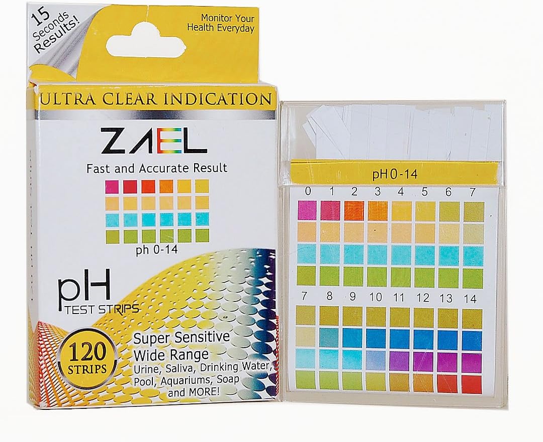 ZAEL pH Test Strips, 120ct Premium Value with Free Alkaline Food Chart (6x8), Professional Lab Grade Test Strips, Wide Range pH Test for Water, Urine, Saliva, Aquarium and Soap.Bulk Discount Available