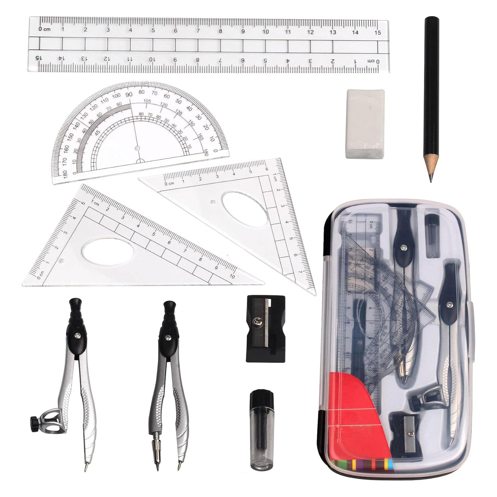 Wisfunlly Geometry Compasses Set, Maths Set with Maths Protractor, Set Squares, Ruler, for School Students Maths and Home Education