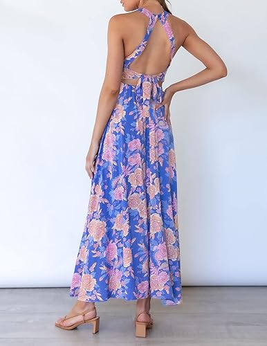 Miniatura 3 de ZESICA Vestido largo de verano para mujer, con cuello halter, estampado floral, espalda descubierta, dividida en la playa, fiesta