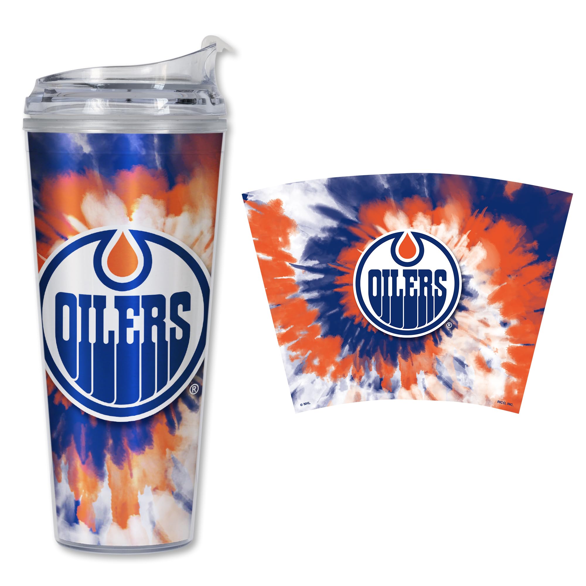 Rico Industries NHL Hockey Team Color Tie Dye 24oz Metallic Acrylic Tumbler with Hinged Lid, Officially Licensed Double Wall Tumbler with Straw