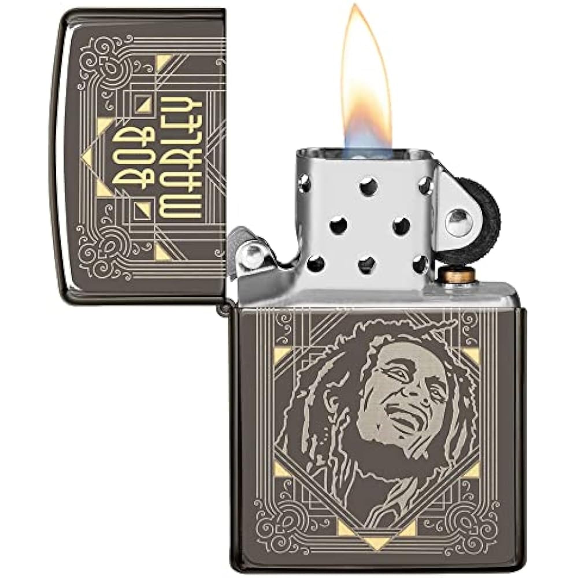 Zippo Briquet Tempête - Design Bob Marley en Deux Tons Laser avec Finition Black Ice - Rechargeable - Réutilisable - Design Coupe-Vent - Coffret Cadeau - Fabriqué aux États-Unis