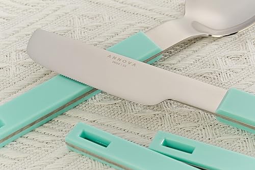 Miniatura 8 de ANNOVA Juego de cubiertos de acero inoxidable con mango de bloque de color, 4 cuchillos, 4 tenedores de cena, 4 tenedores de cena, 4 tenedores de