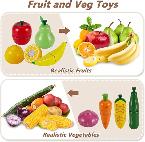 Miniatura 3 de HERSITY Juego de comida de madera para cortar frutas y verduras para niños pequeños de 1 a 3 años, accesorios de cocina Montessori, juguetes