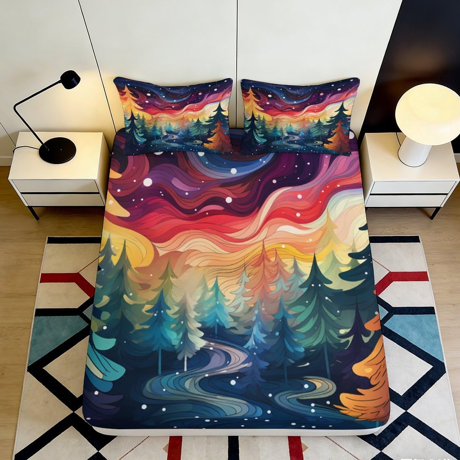 Decorative 3D Printed Fitted Sheet Forest Night Microfiber Soft Touch Bed Cover for Apartment Bedroom Guest Room Bedding 120x200x25cm