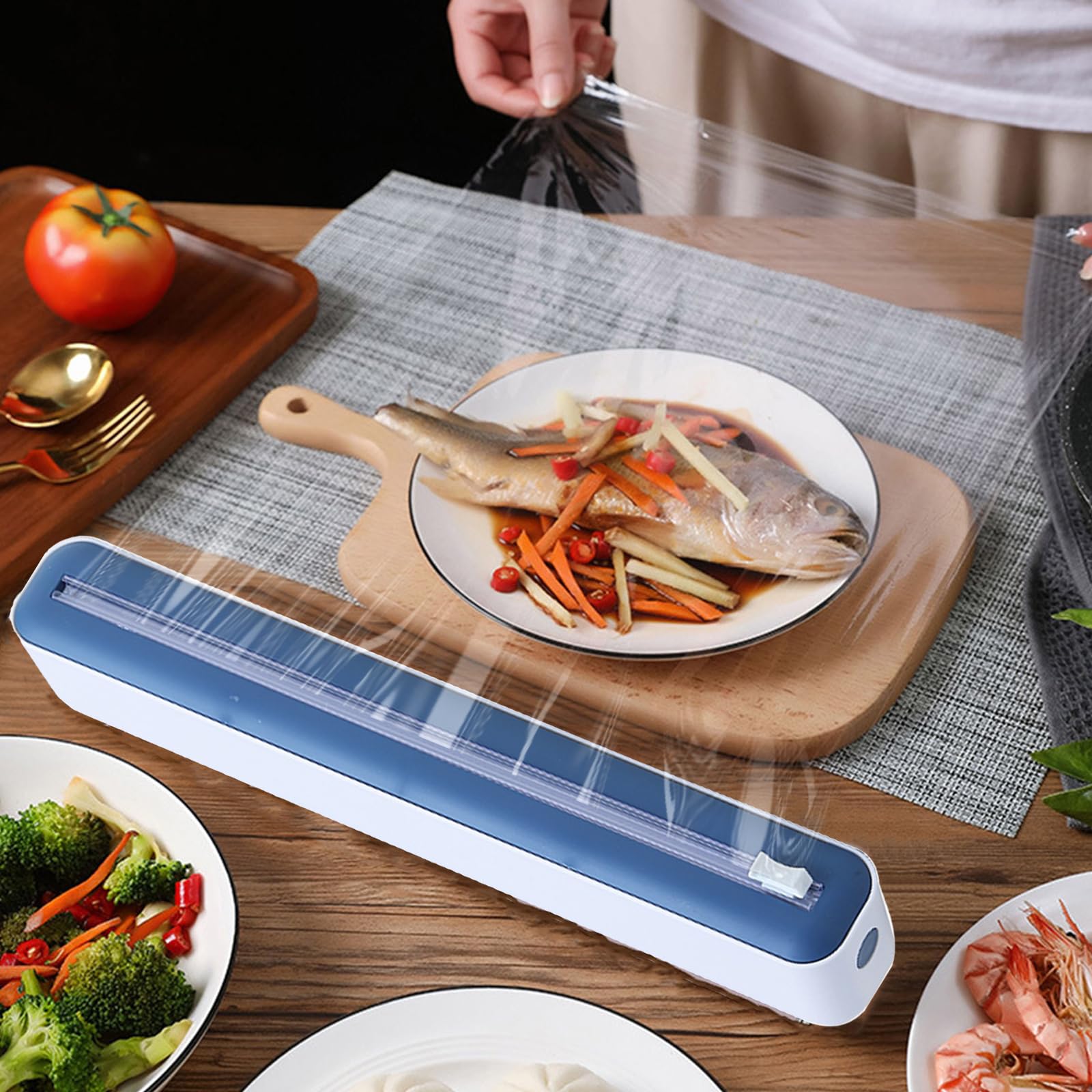Frischhaltefolien-Spender, wiederverwendbarer Spender, magnetisch, nachfüllbar, Folienspender mit Gleitschneider, für Lebensmittelverpackungen im Restaurant für Frischhaltefolie (blau)
