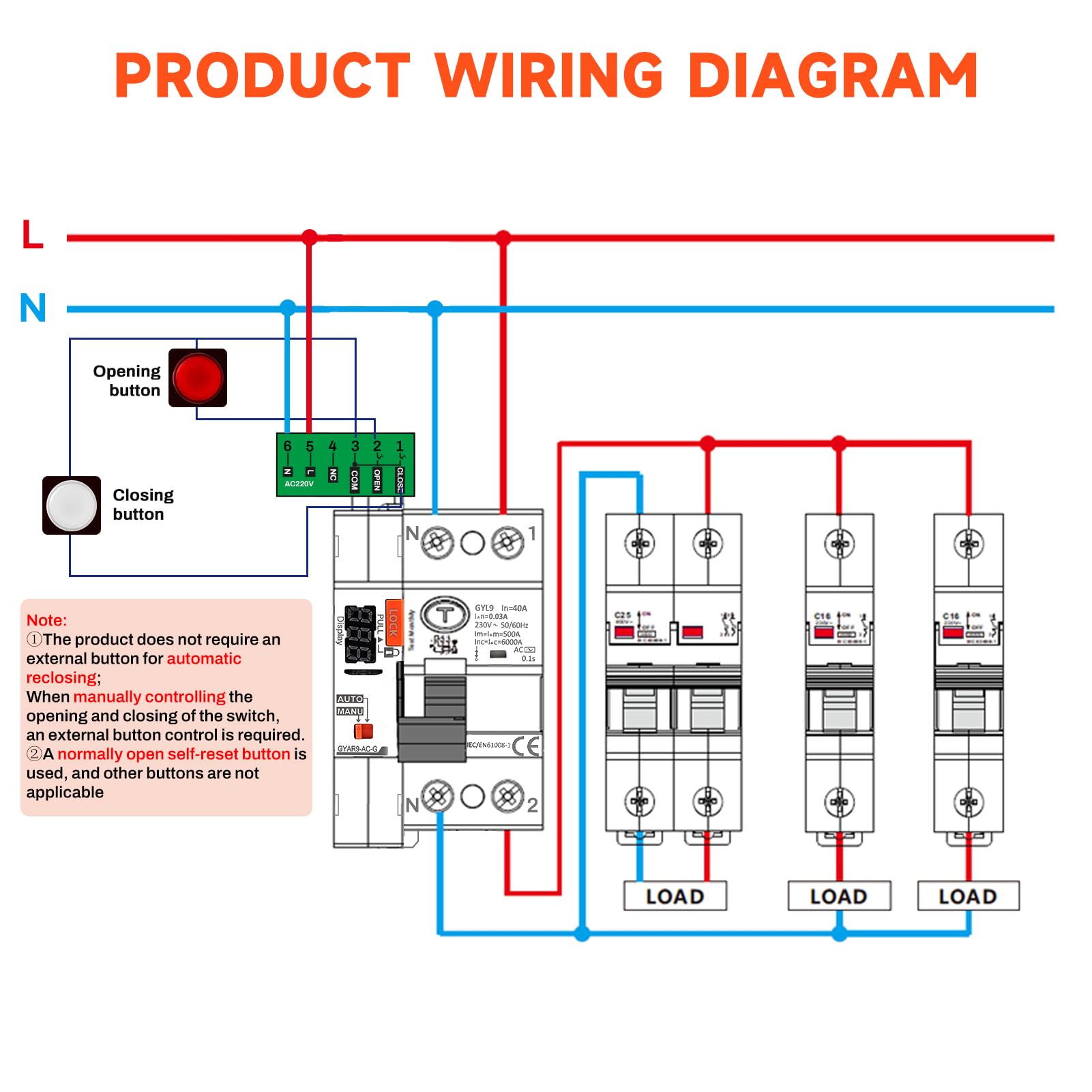 Jadeshay Disjoncteur à réarmement automatique avec affichage LED, Disjoncteur différentiel 30mA 40A 2 Pôles AC230V Disjoncteur intelligent avec affichage numérique GYAR9-AC-G