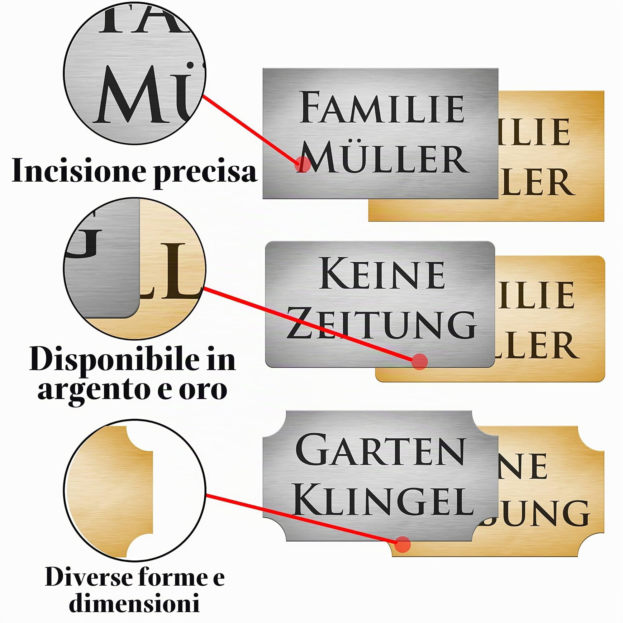 2x targhetta autoadesive per cassetta delle lettere, per porta, con incisione, argento e oro, resistenti alle intemperie, diverse forme e dimensioni