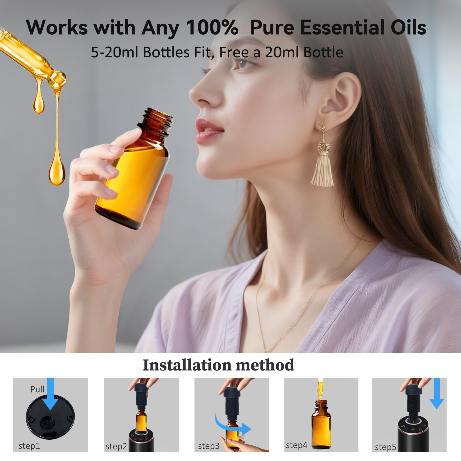 Diffusore oli essenziali, Diffusore di oli essenziali per Auto,Ufficio, Casa, Mini diffusore di aroma batteria, 4 timer e 3 livelli di nebbia (Argento)