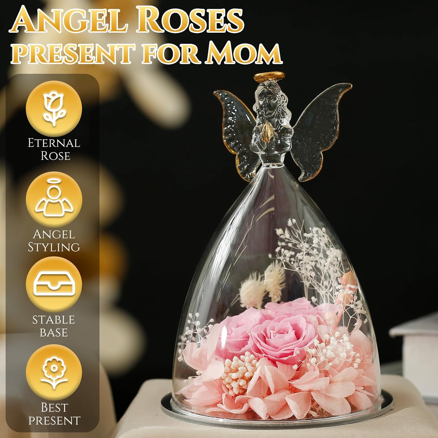 Angel Roses Presents, Romantic Preserved Flower Rose Presents, Exquisite Angel Preserved Rose Birthday Gifts for Grandma Her Women Mom Wife (Pink)