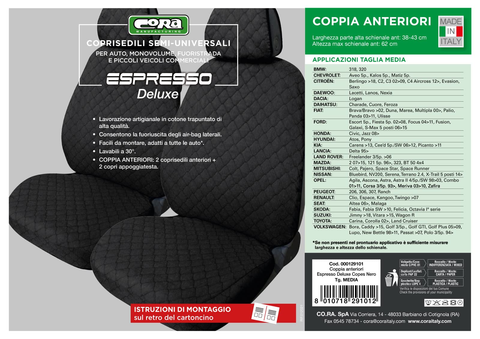 CORA 000129101 Coprisedili Anteriori Espresso Deluxe Tg. Media Tessuto Copes Nero