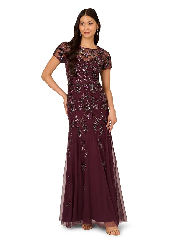 Adrianna Papell Women's Beaded Godet Long Dress, Deep Amethyst, 8 by Adrianna Papell - Used condition - US$178.88