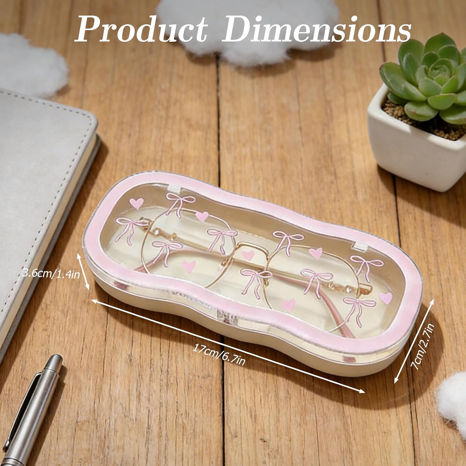 Cute Pink Bow Hard Shell Glasses Case, 6.7×2.8×1.4 Inches (170×70×36 mm), Clear Anti-Pressure Eyeglass Holder for Sunglasses Reading & Myopia Glasses