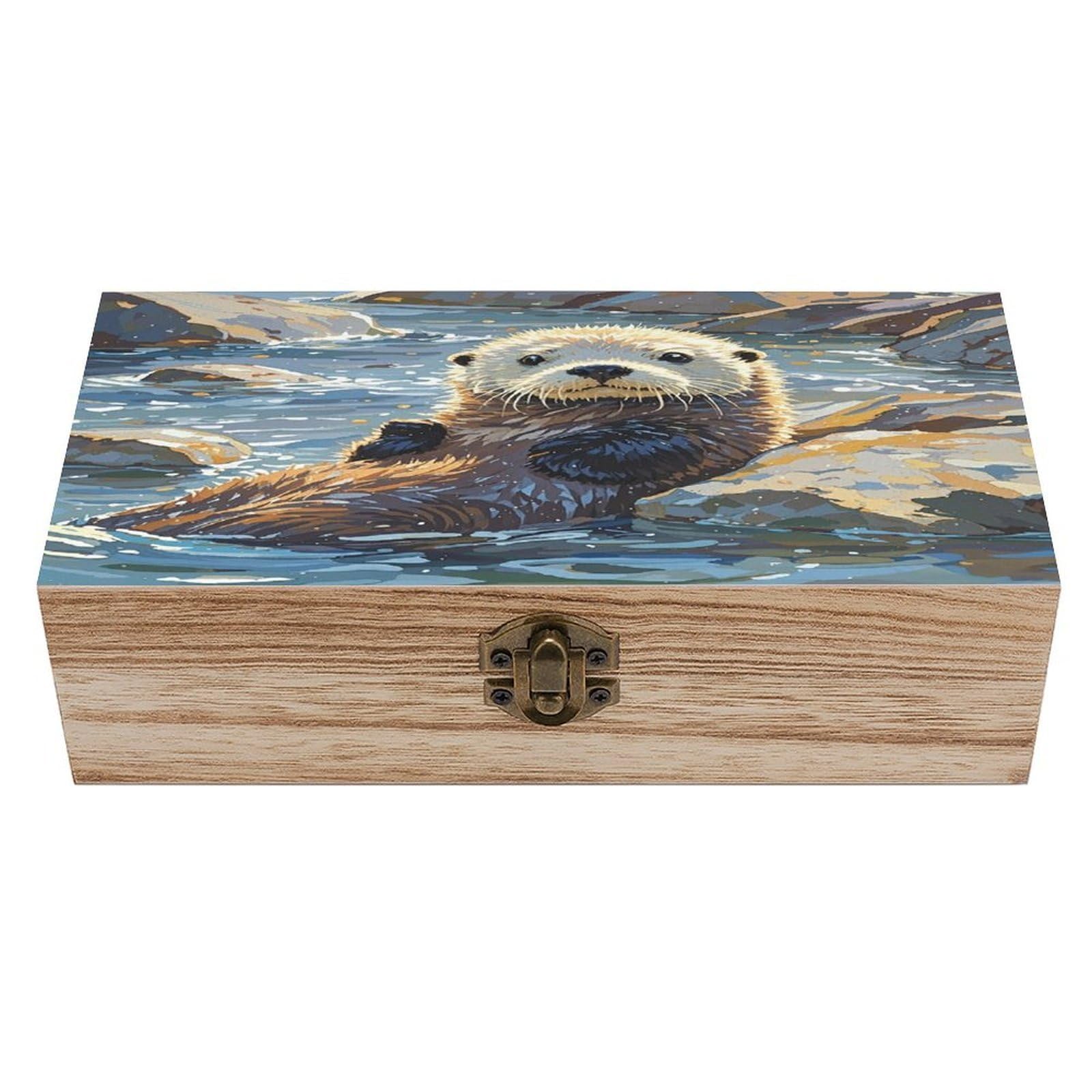 FekiLoot Sea Otters Painting Wooden Jewelry Box Personalized Wood Keepsake Box Large Decorative Wooden Storage Boxes with Hinged Lid Rustic Style Wood Jewelry Organizer for Desk Home Office