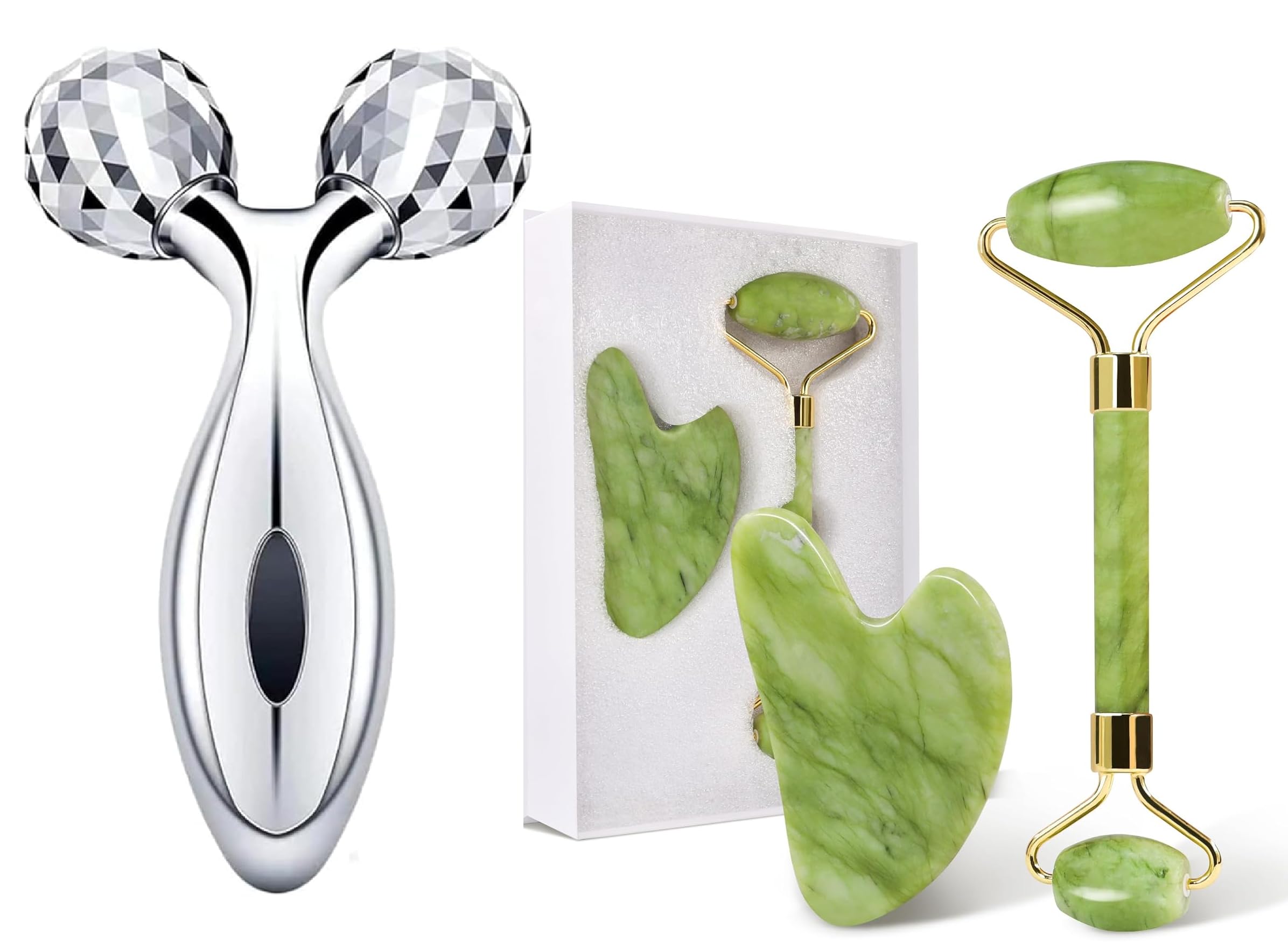 Faigy Face Stone Jade Roller Massager with Gua Sha Jade Stone and 3D Roller Facial Combo For Skin Eye Body 3D Massager Women Men Reusable (Stone Roller and 3D Roller) (B0D2LQ59YG) Amazon Price History, Amazon Price Tracker