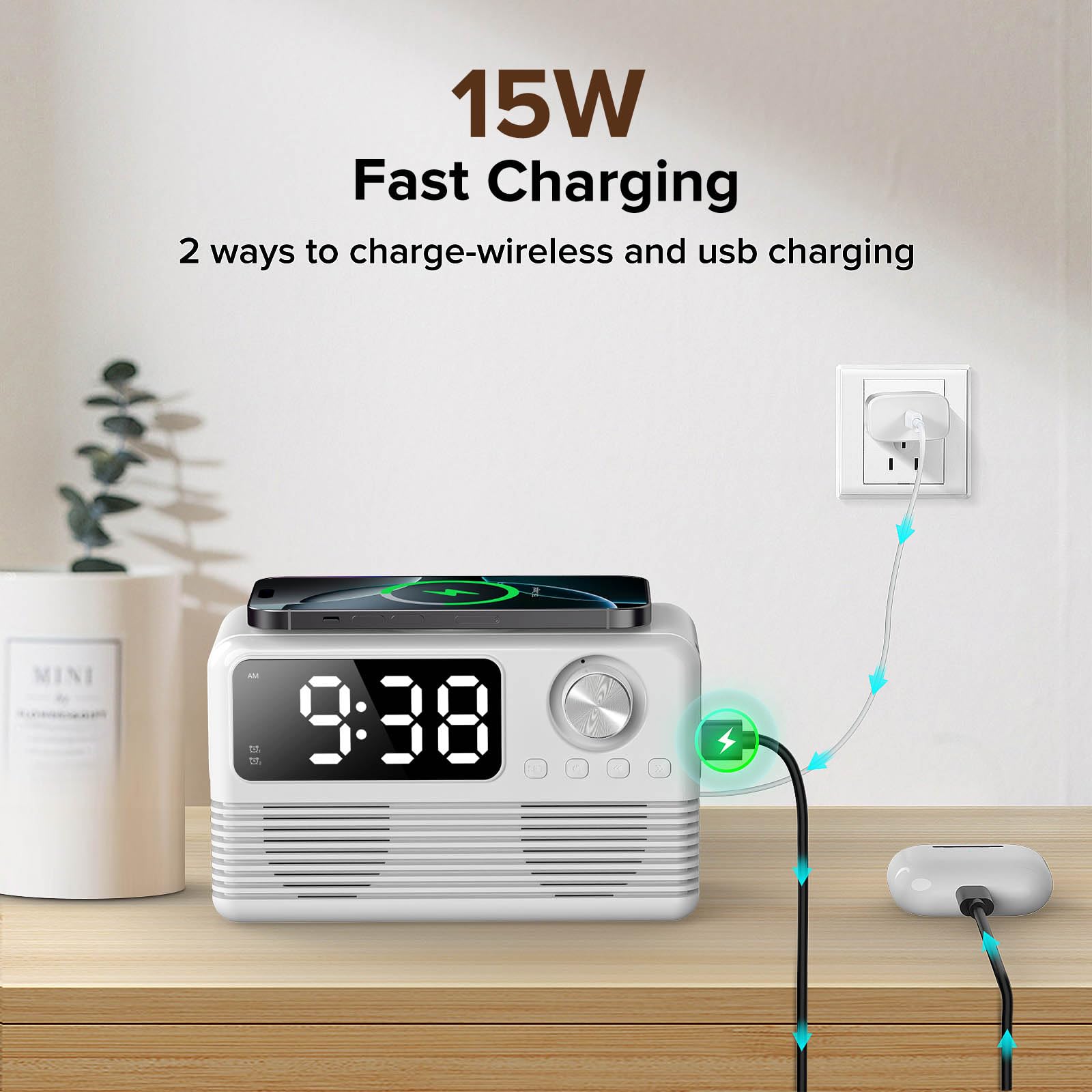 Chargeur sans fil rapide 15 W avec haut-parleur Bluetooth et radio-réveil, station de charge sans fil 4 en 1 pour iPhone, téléphones Android avec radio FM pour chambre à coucher