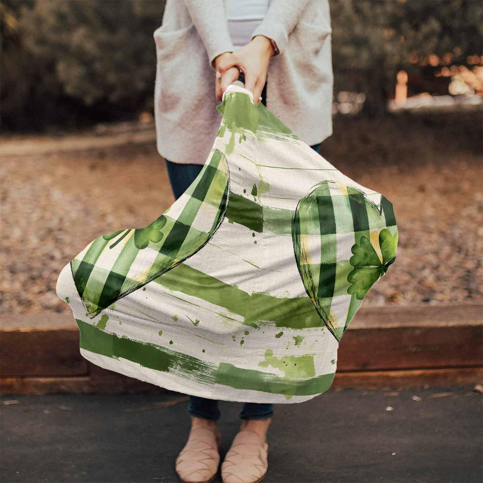 Nursing Cover for Breastfeeding Scarf, Sage Green Strips Plaid Heart St. Patrick's Day Retro Baby Car Covers Super Soft Multi Use for Canopy Shopping Cart Cover Blanket Stroller Cover