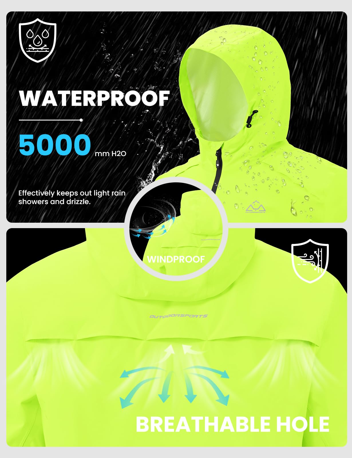 donhobo Herren Regenjacke Faltbar Wasserdicht Outdoorjacke | Leicht, Regenmantel mit Kapuze, Fahrrad Rainjacke Windbreaker Windjacke für Jahreszeiten Wandern Laufen Angeln Camping