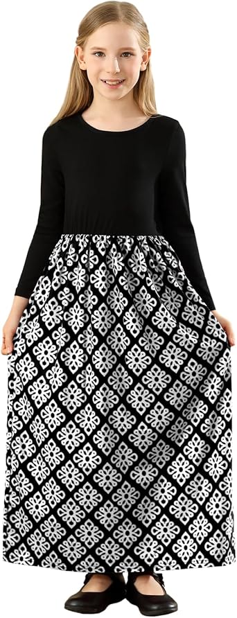 KYMIDY Girls Maxi Dress Kids Long Sleeve Casual Floral Dresses with Pockets for Girls 6-14 Years