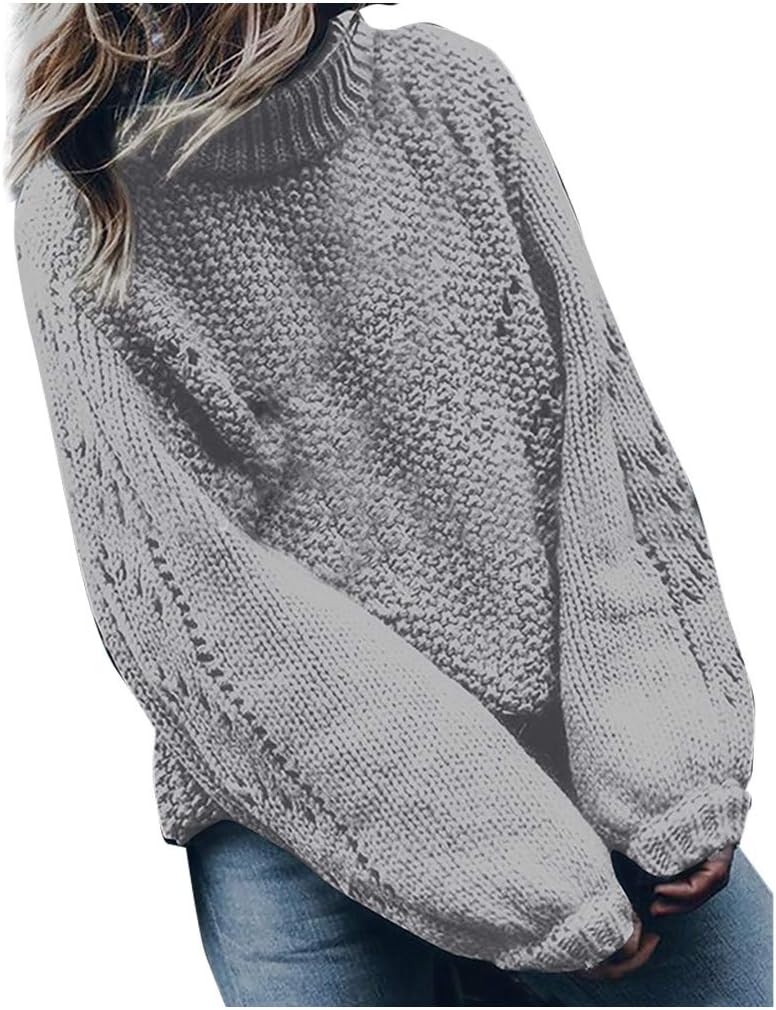 Simayixxch Suéter de cuello alto para mujer, manga larga abombada, agujero de punto, suéter de