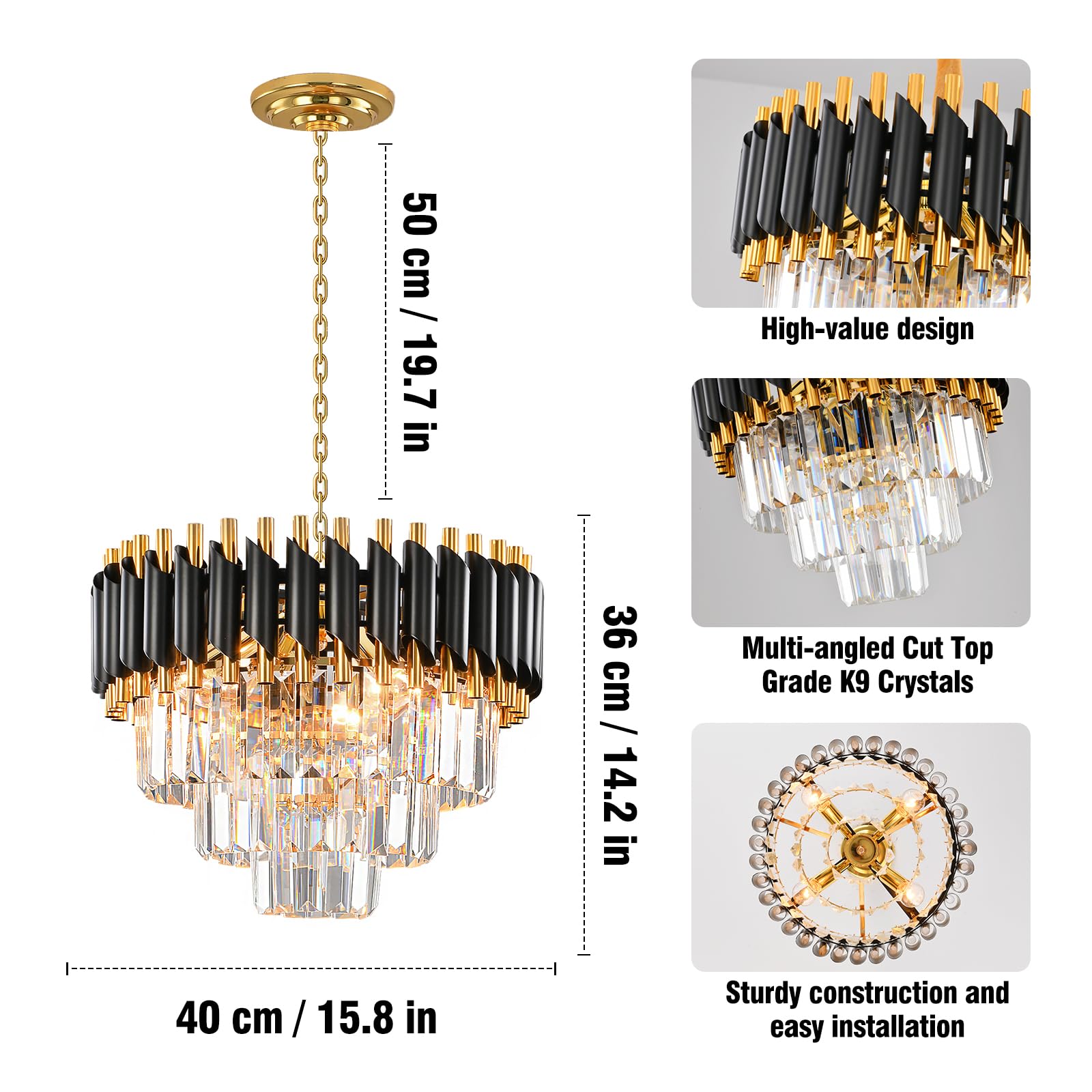 AHXIAOZN Lampadario Moderno di Cristallo, 15.7 '' Nero e Oro di Cristallo Lampada a Sospensione, 3-Tier Lampadario, Lampadari Rotondi Per Sala Da Pranzo, Soggiorno, E14 x 5 Luci