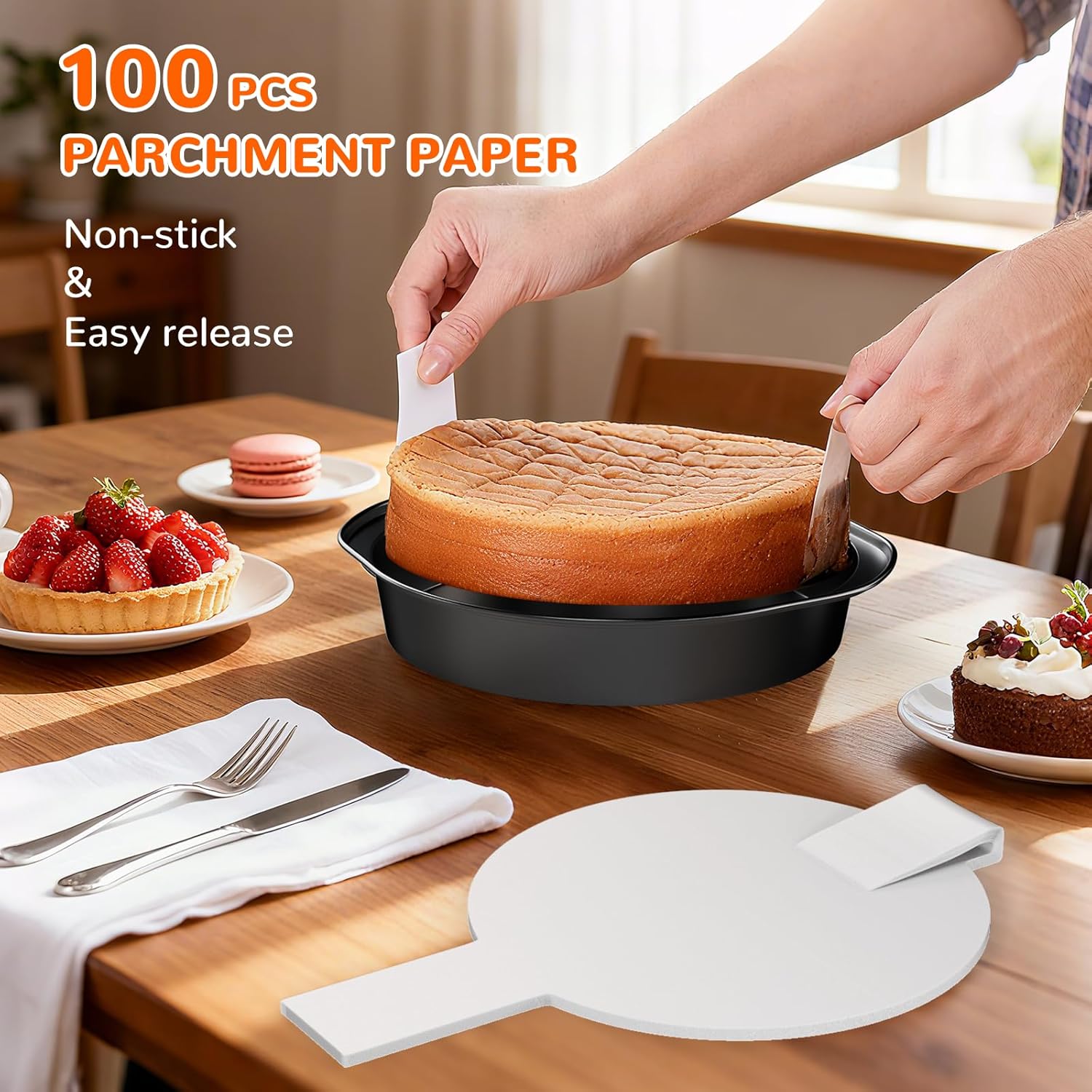 8 Inch Round Cake Pan with Handle, 3PCS Nonstick Cake Pans with 100 PCS Parchment Paper - Image 3