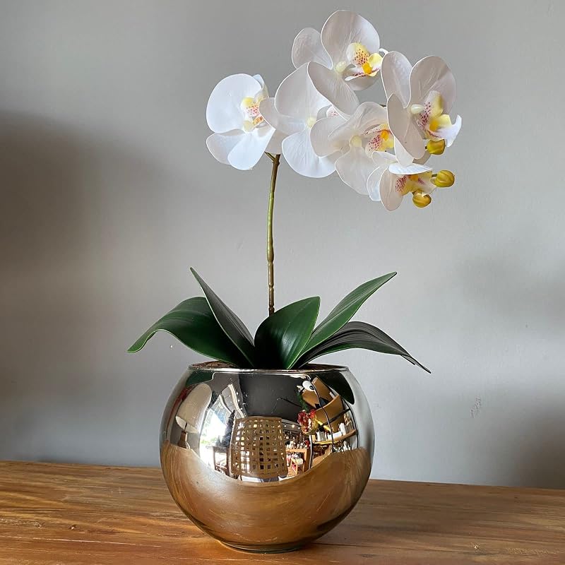 Decore Fácil - Orquídea Branca Artificial Arranjo no Vaso Espelhado Flores Permanentes