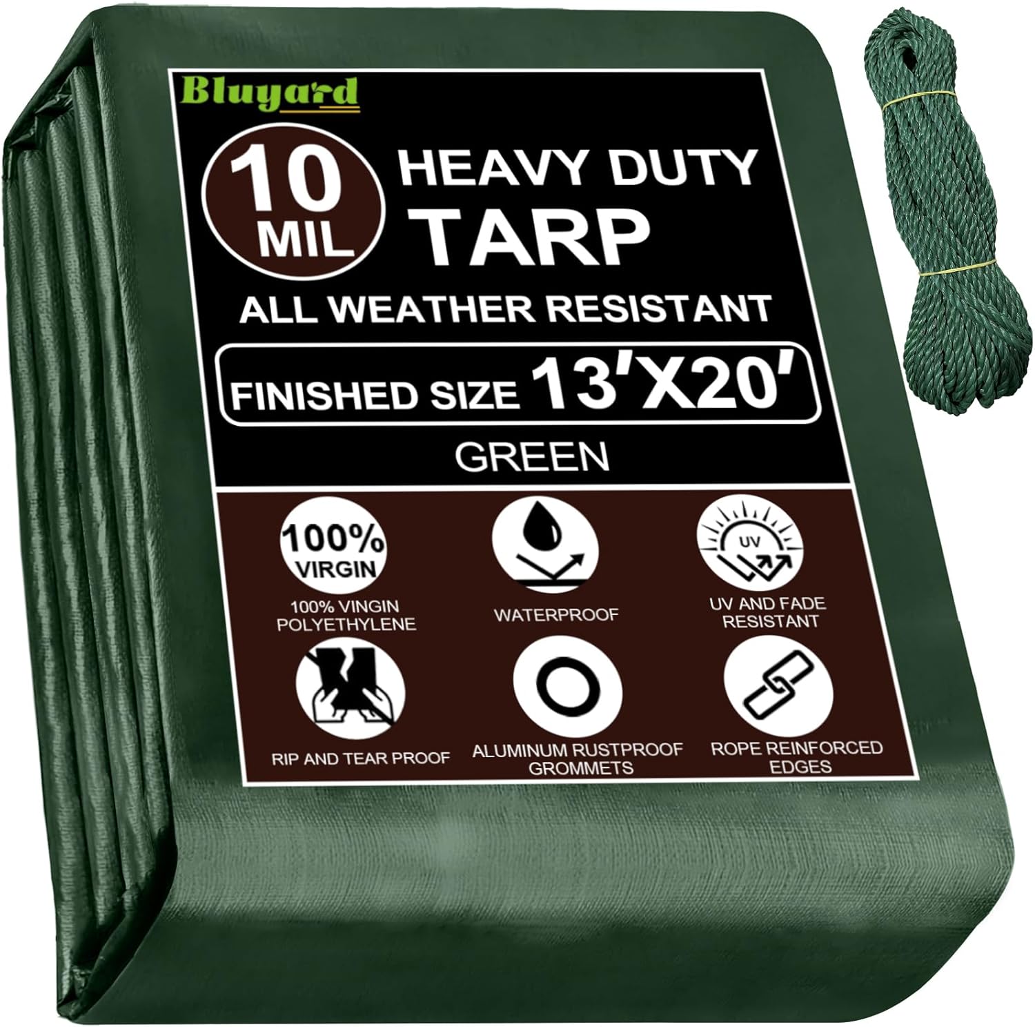Tarp Waterproof 13x20 Ft Heavy Duty Tarp Thicker 10 Mil Large Tarps with 20M Rope Reinforced Grommets and Edge UV&Fade Resistant Tear Resistant Plastic Tarps for Outdoor Camping Roof Pool Tent