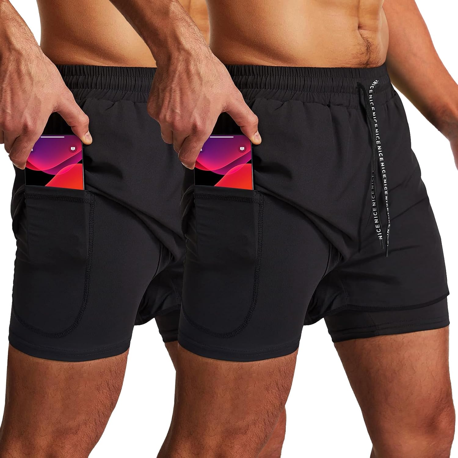 OEBLD Men’s Running Shorts 3 Inch Workout Gym 2-in-1 Pants Athletic Compression Tights