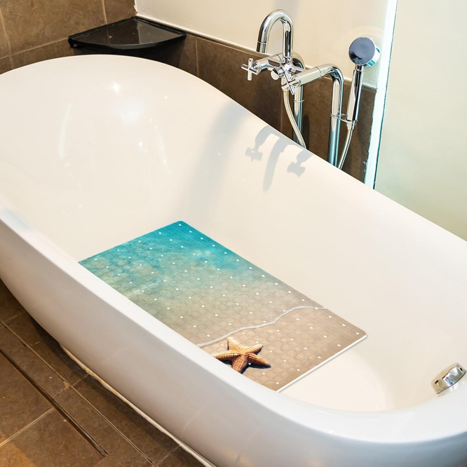 Bathtub Mats for Shower Tub, Anti-Slip Bath Mats for Inside Tub, Bathroom Shower Mats with Drain Holes and Suction Cups (Beach Starfish Seashells Turquoise Water)