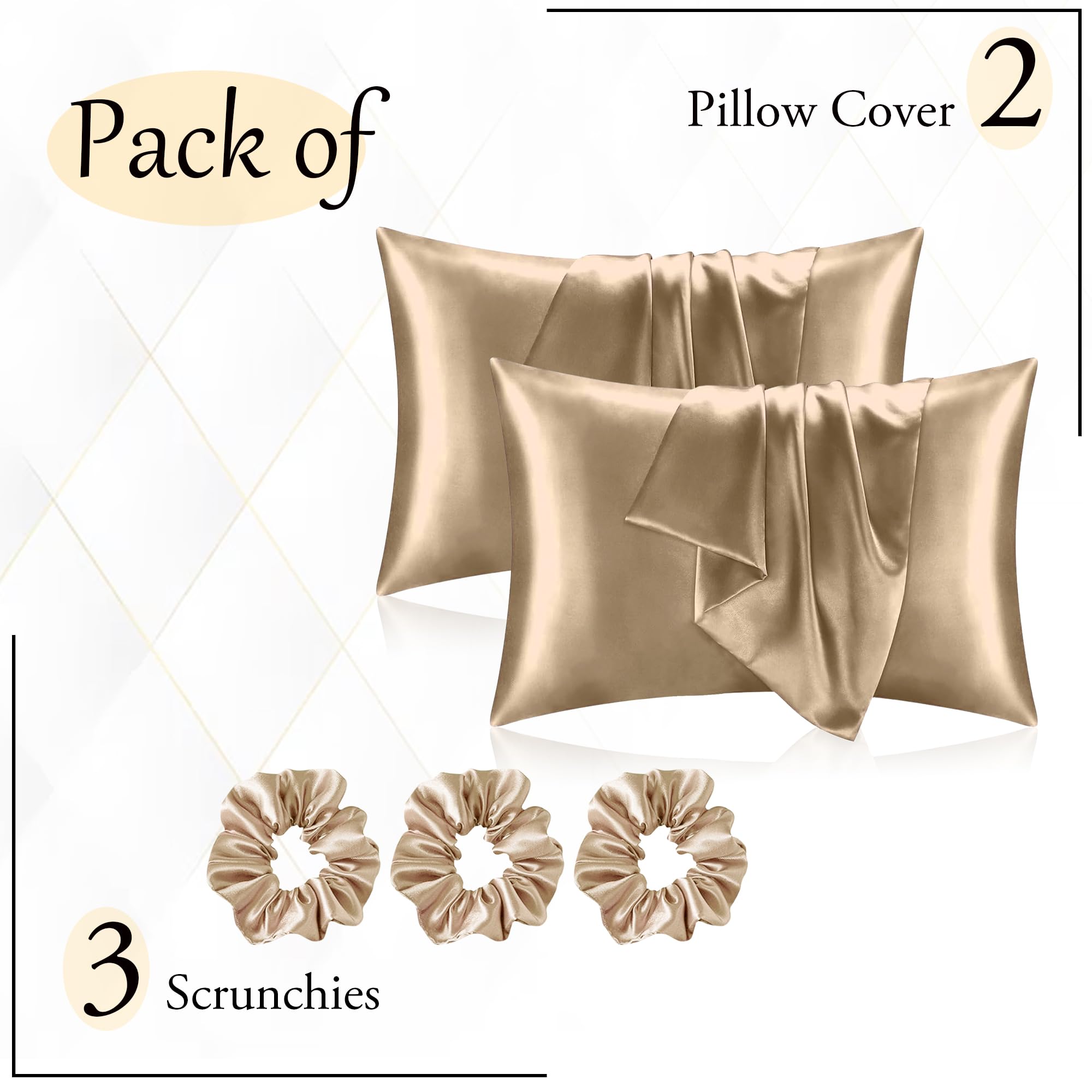 Satin Silk Pillow Cover Set with Scrunchies -2 Satin Silk Pillow Cover Set with Scrunchies -2