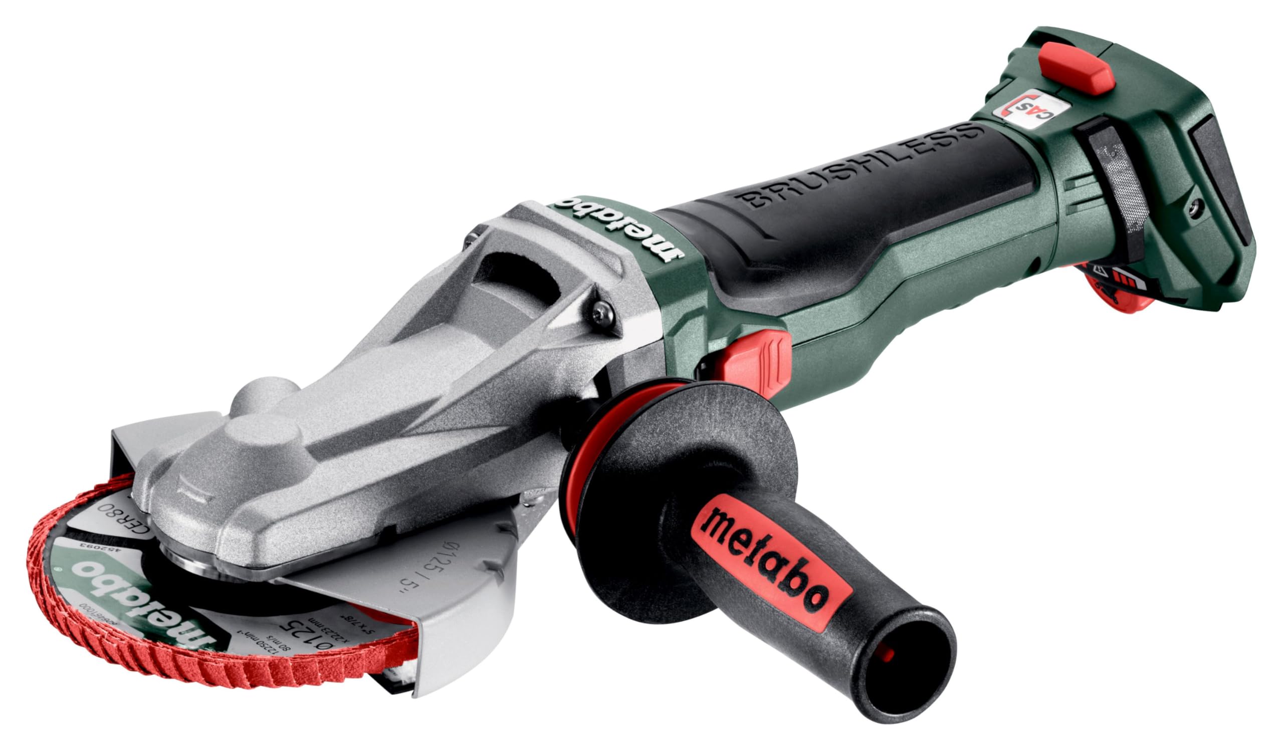 metabo WVBF 18 LTX BL 15-125 Quick, Amoladora de Cabeza Plana 18V, 125 mm | Sin batería ni cargador, motor sin escobillas 1500W, para ángulos de 43°, en metaBOX, compatible con sistema CAS de 18 V