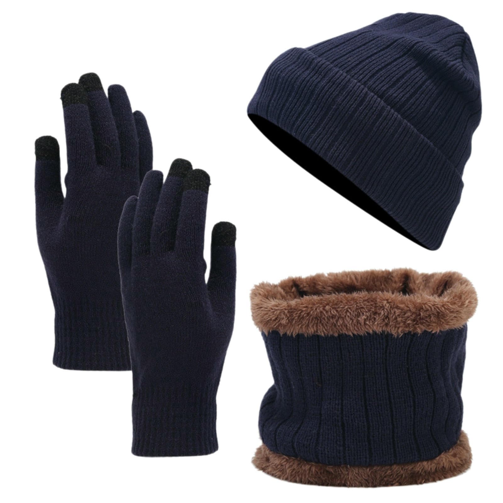 Conjunto de gorro, bufanda y guantes de lana azul marino para invierno
