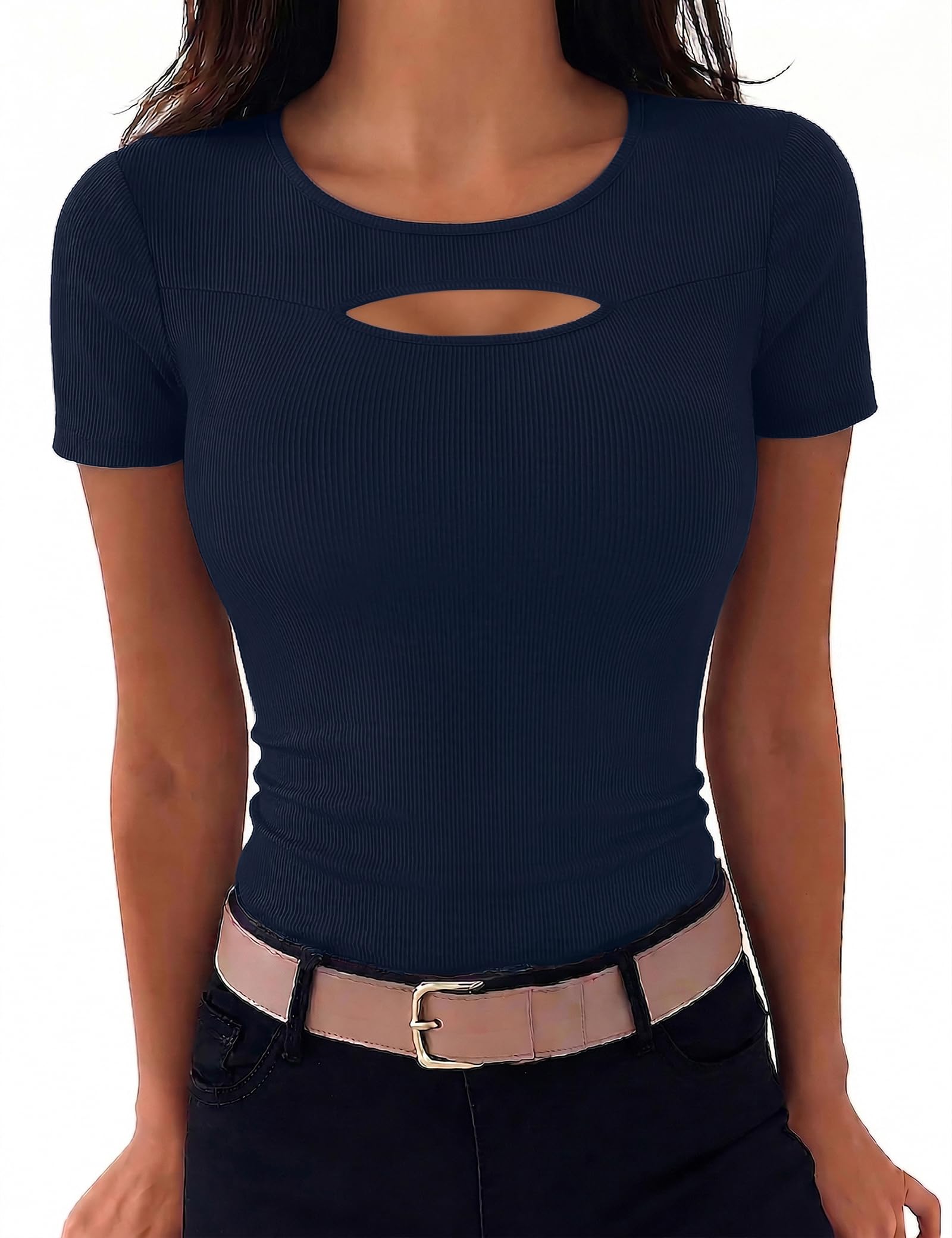 Aottori T-Shirt Damen Rundhals Sommer Oberteile Kurzarm Cut Out Gerippt Basic Tee Shirts Elegant Slim Fit Tshirt Stretch Casual Tops Einfarbig