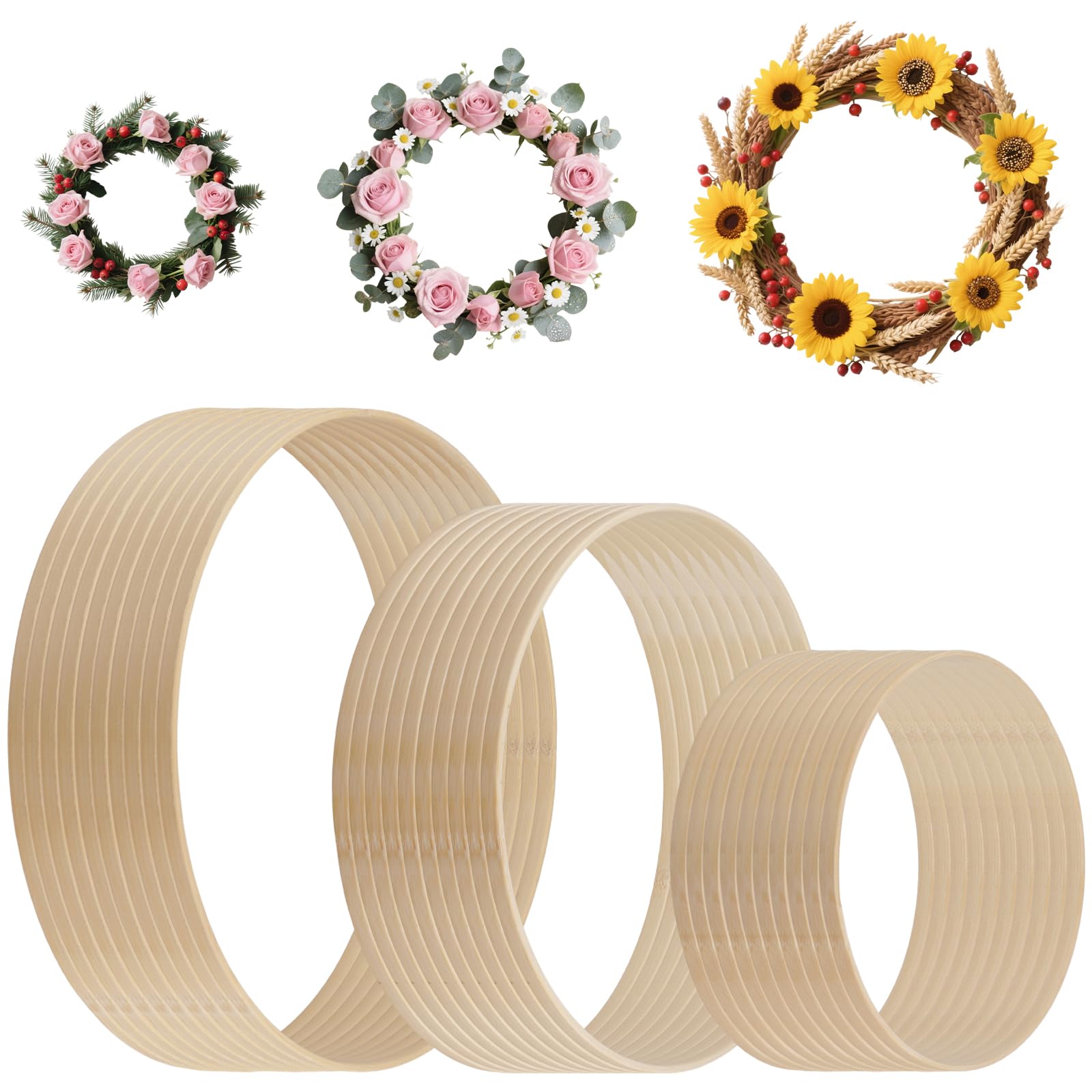 SENJEOK 30 PCS Wooden Floral Hoops, 3 Sizes Bamboo Macrame Rings for Floral Wreath Making, DIY Wedding Decor and Home Crafts, 20 cm, 26 cm, 30 cm