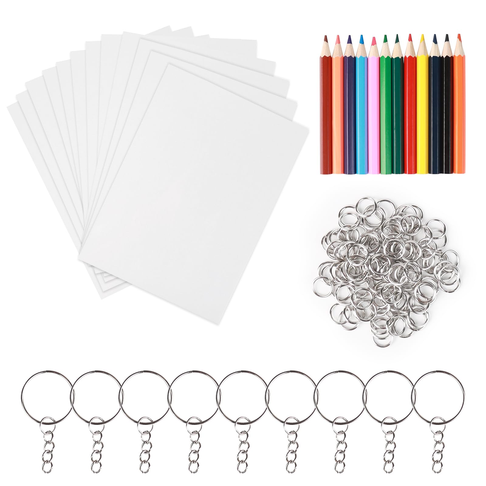 232Pcs Heat Shrink Plastic Sheet Set, 20Pcs Shrinky Art Paper, Creative Shrink Film, Shrinkable Hand Making Sheet with 100 Key Chain 100 Open Ring 12 Coloured Pencil, Shrinkies for Pendant Craft Kids
