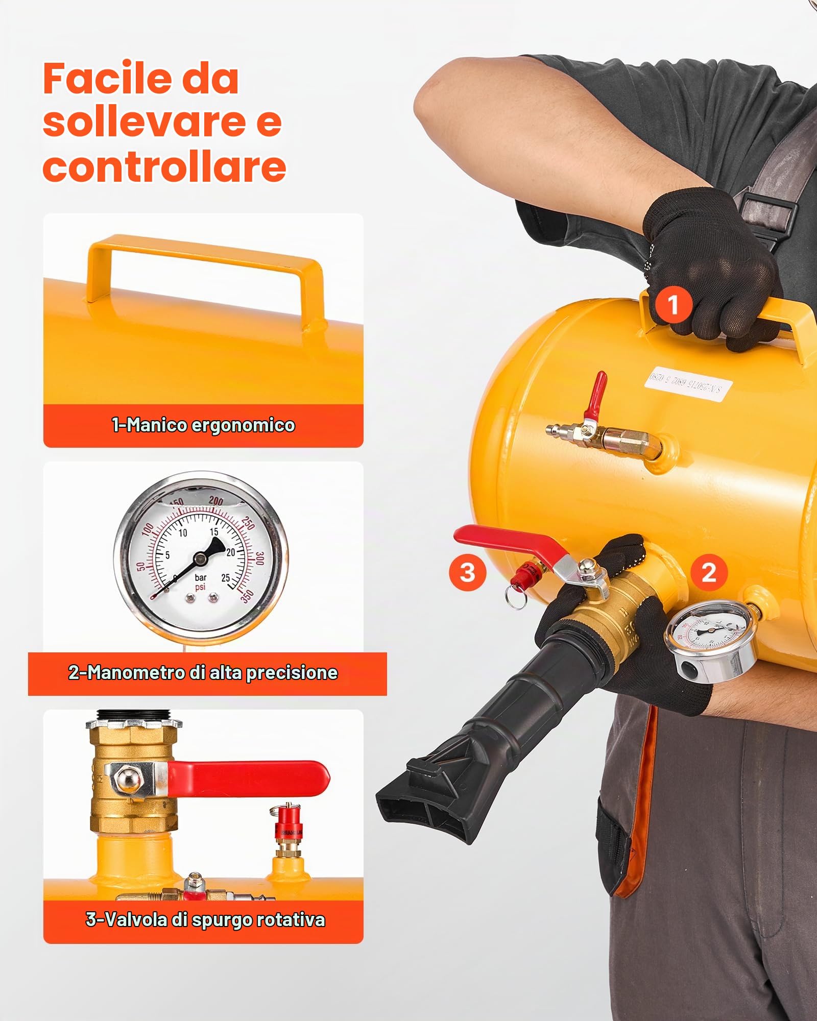 VEVOR Attrezzo per Gonfiaggio Pneumatici per Impieghi Gravosi, 0,6 a 0,8 MPa, 18,9 L Gonfiatore per Sedili con Grilletto Pneumatico per Pick-Up, Camion, ATV, Jeep, Furgone, Trattorino, Camper, Giallo
