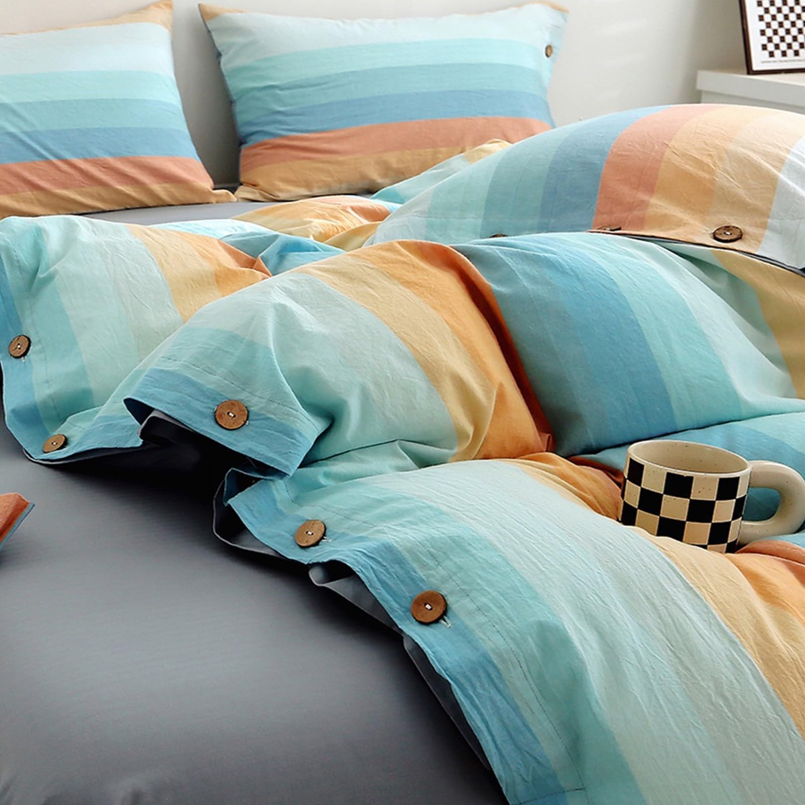 Set Copripiumino Set Copripiumino in Cotone a Righe Colorate, Tessuto 100% Cotone, Resistente, Traspirante, Naturale, Sognante, Chic Biancheria da Letto(Greyish Yellow,220x240cm)