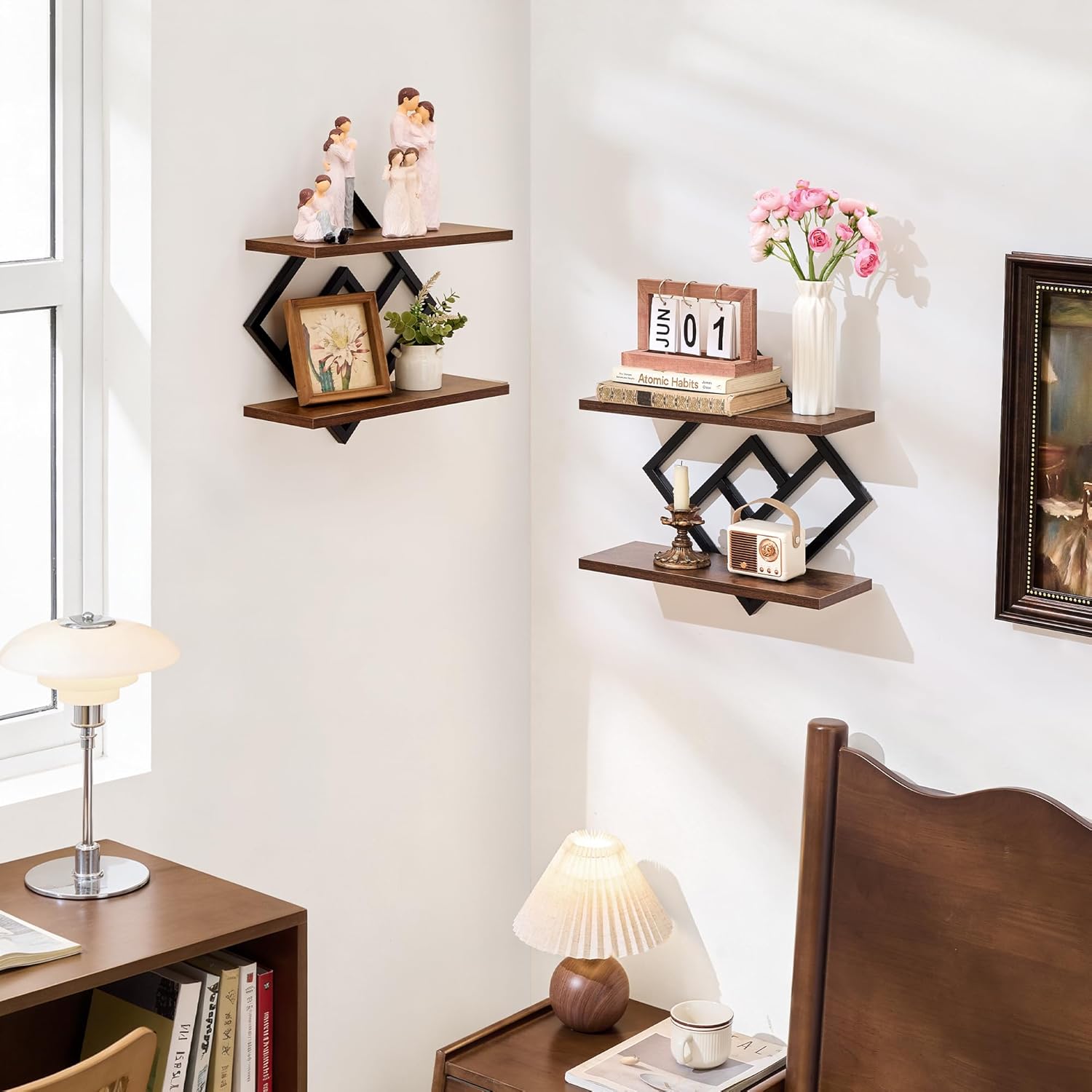 Set of 2 Floating Shelves Farmhouse Wall Shelves 2-Tier Decorative Hanging Shelves Wall Mounted Bathroom Shelves Wooden Wall Decor Shelf (Dark Brown)