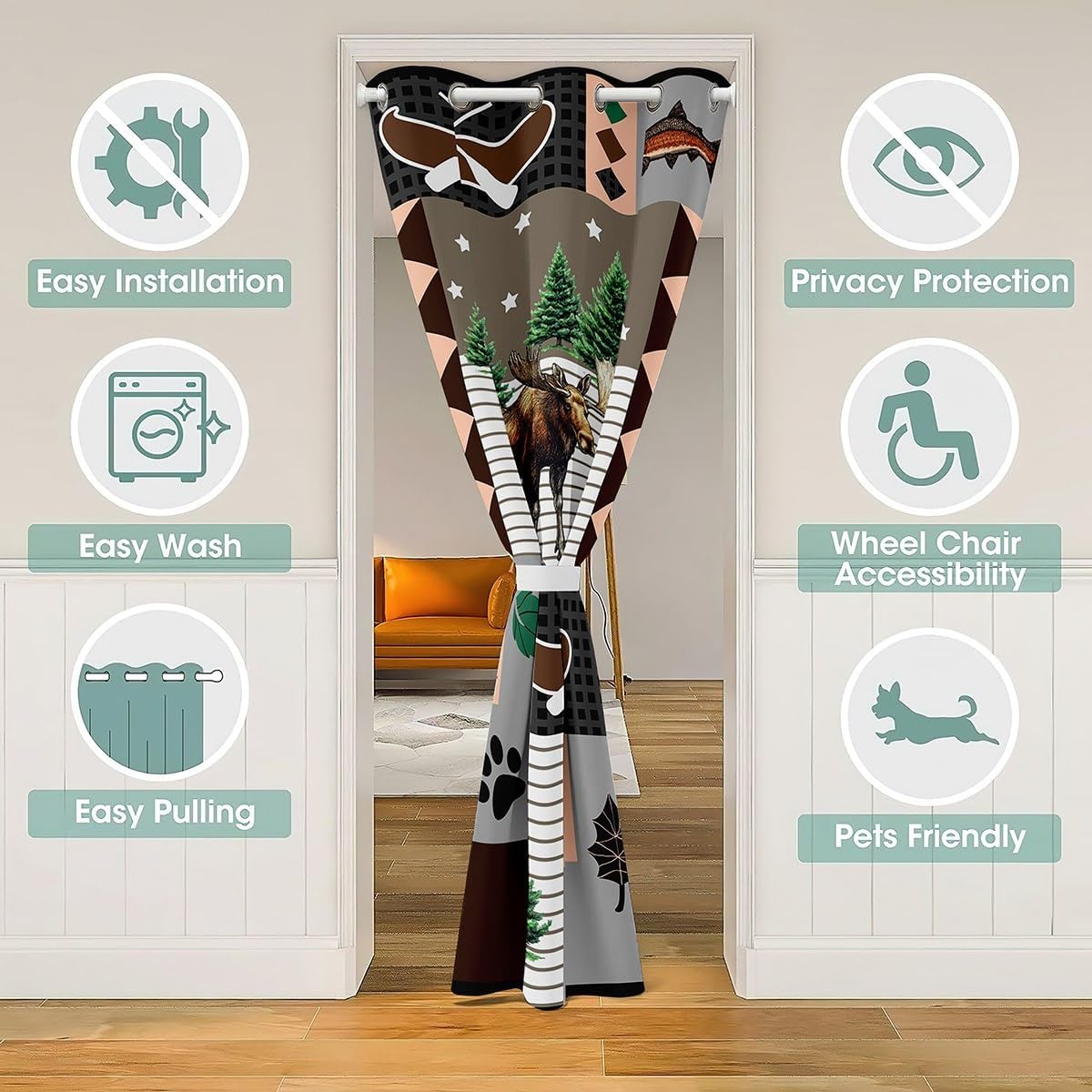 Moose Lodge Doorway Curtain Privacy,Rustic Famhouse Boat Bass Fish Blackout Curtain for Bedroom,Retro Brown Gray Black Plaids Stripes Patchwork Door Cover Curtain,84"×52" 1 Panel