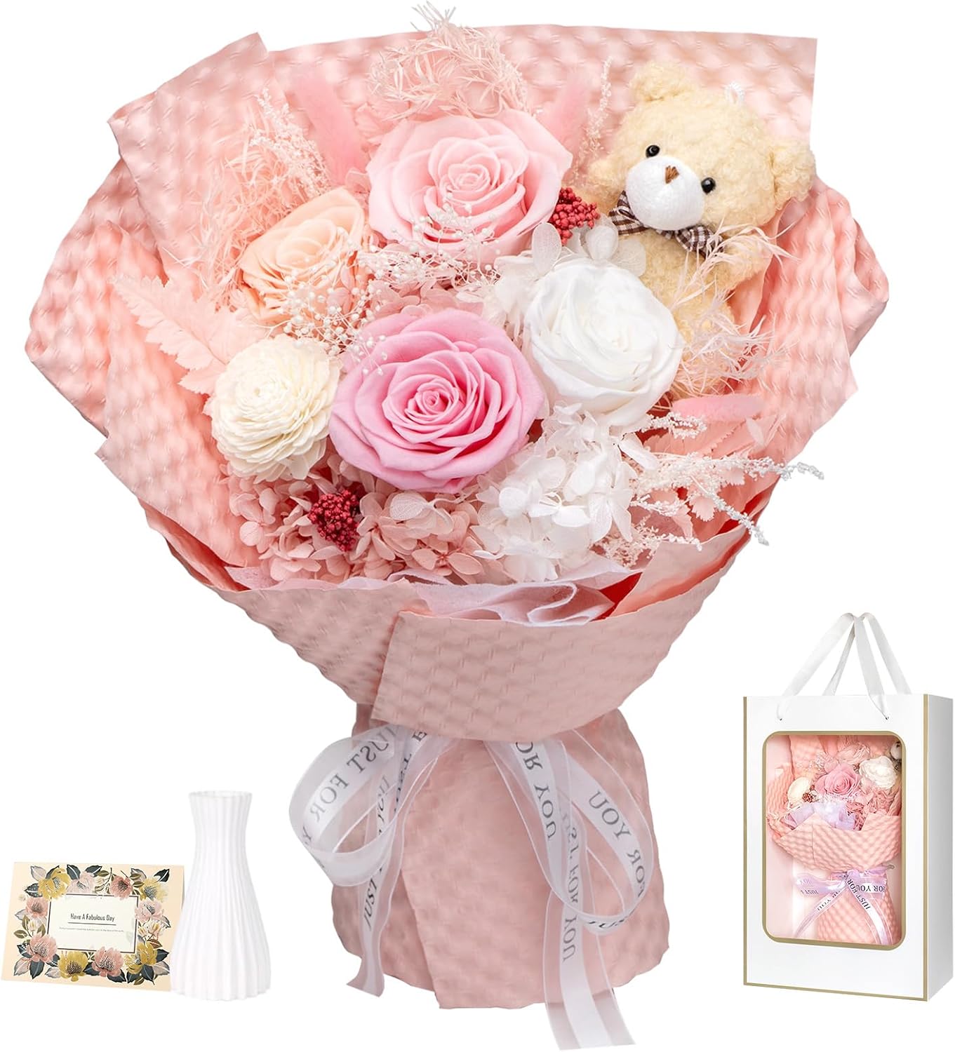 Preserved Flowers Bouquet with Bear - 4 Real Forever Flowers for Delivery, Long-Lasting Pink Eteranl Roses Bouquet Birthday Gifts for Women, Mother, Wife, Her
