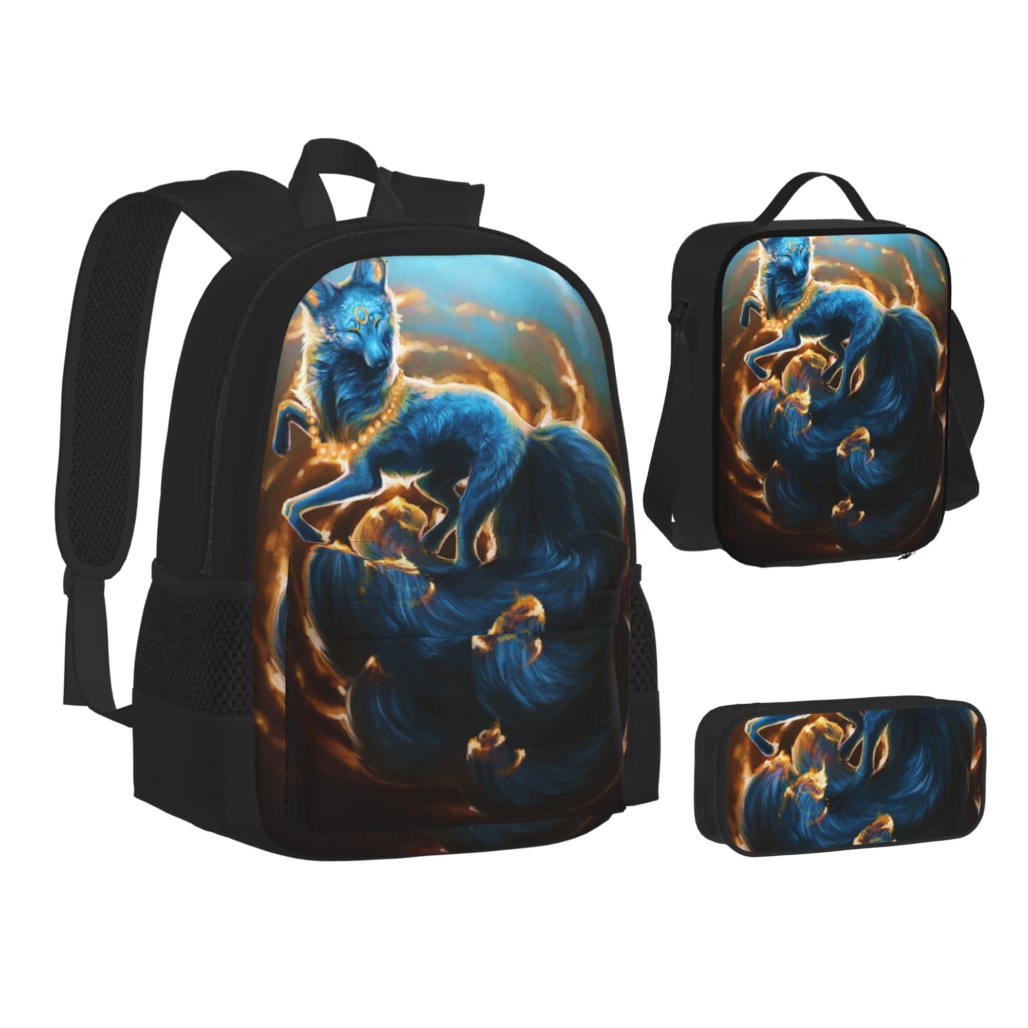 Ensembles de sac à dos scolaire 3 pièces Teens Studentss (créature mythique kitsune renard) Cartable + Sac à lunch + Trousse à crayons Mignon Sackpack College Work Gym Randonnée Pêche Sac d'ordinate