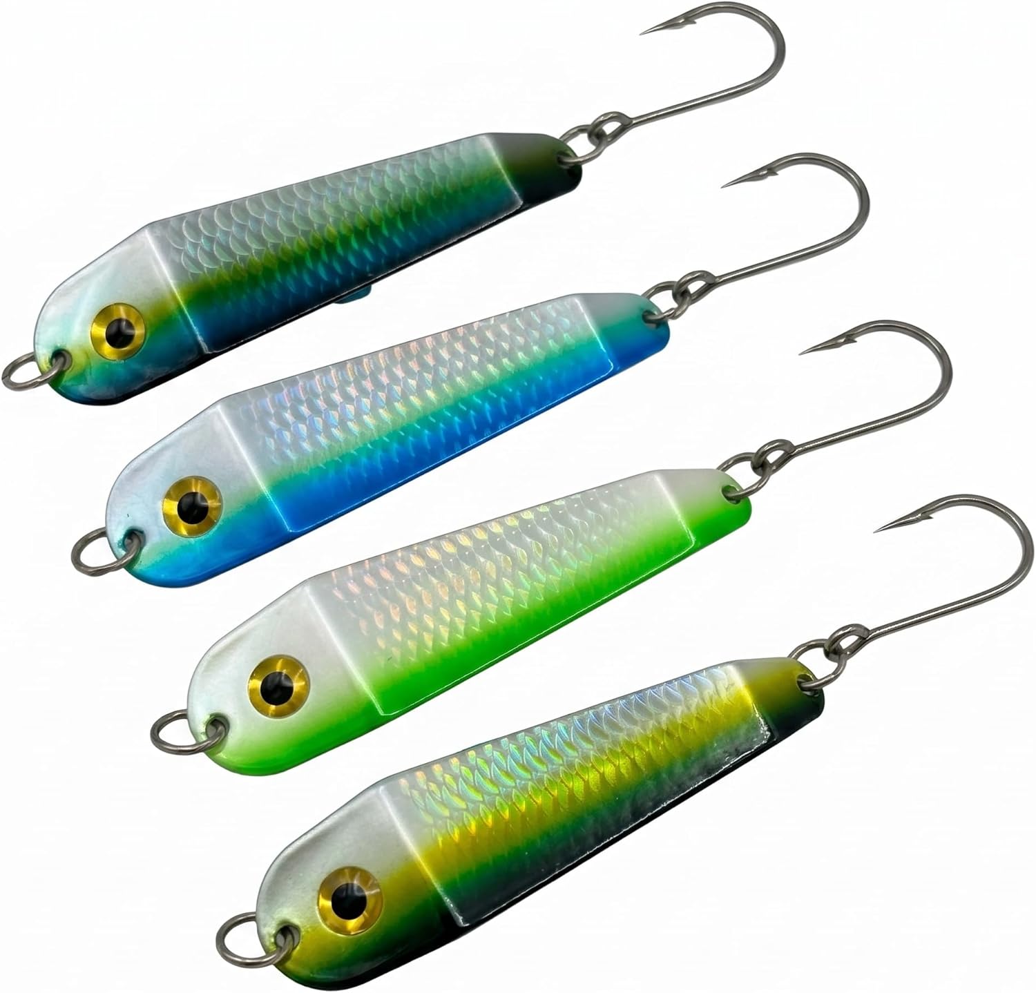 Loony Spoons Max 4-Pack - Premium Fishing Lures - Salmon, Trout, Walleye - Saltwater and Freshwater (Green Hornet, Lemon Lime, Herring Aid, Dorado)