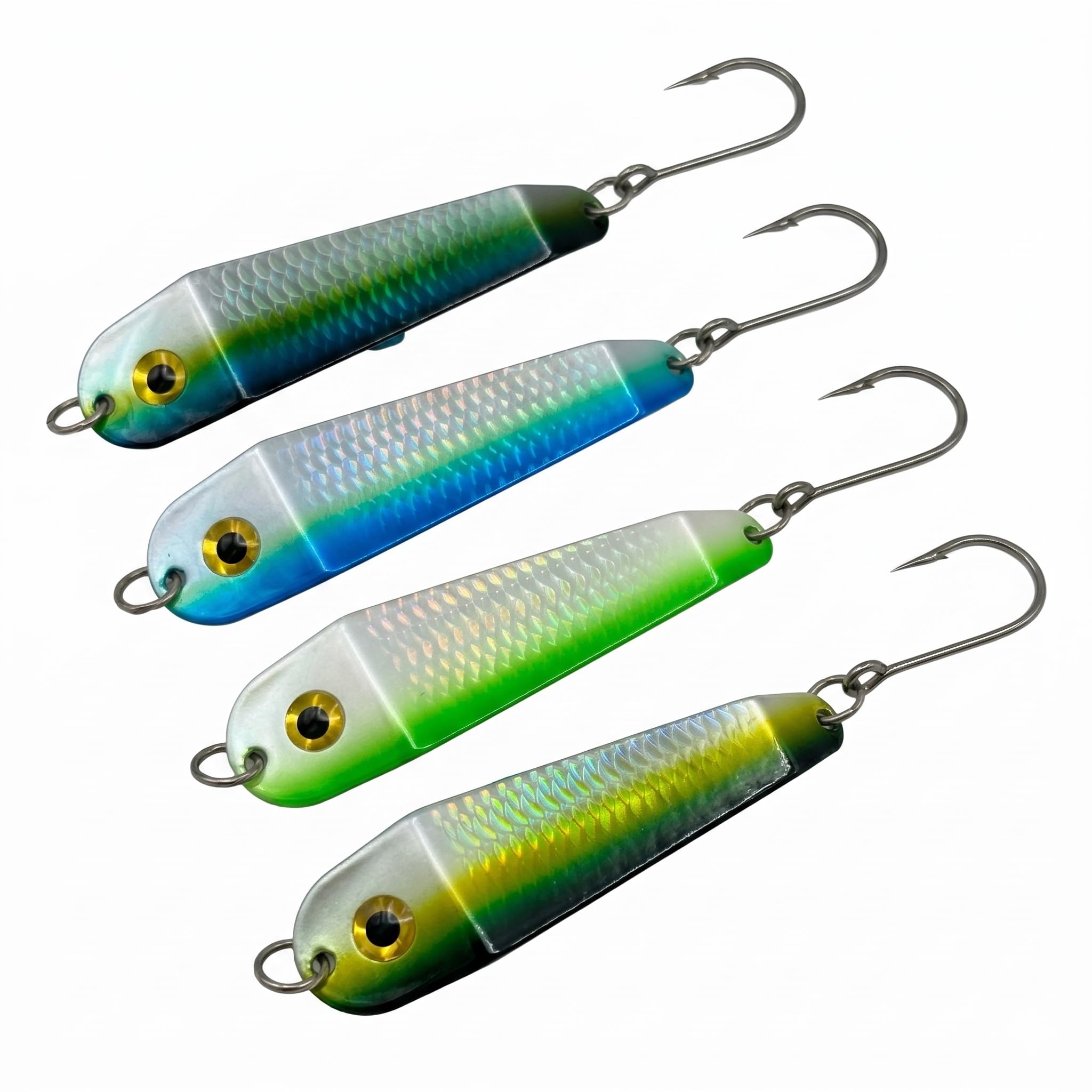 Loony Spoons Max 4er-Pack – Premium Angelköder – Lachs, Forelle, Zander – Salzwasser und Süßwasser (Grüne Hornisse, Zitronen-Limette, Heringshilfe, Dorado)