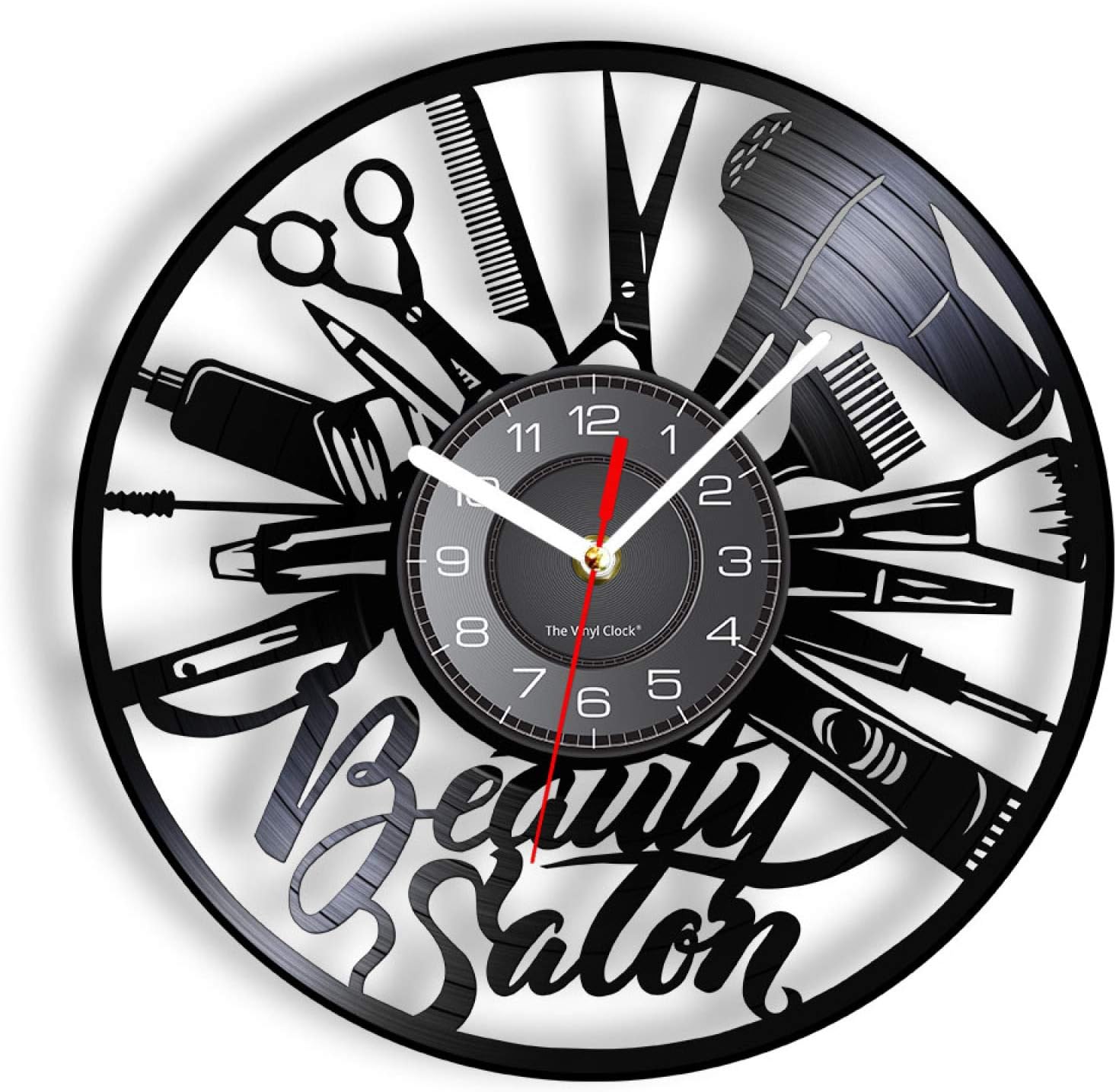 12 Inch Wall Clock Beauty Salon Laser Cut Longplay Wall Clock Salon Tools Carved Vinyl Record Artwork Gifts for Hairstylist Beautician Salon Shop for Vintage Room Decoration